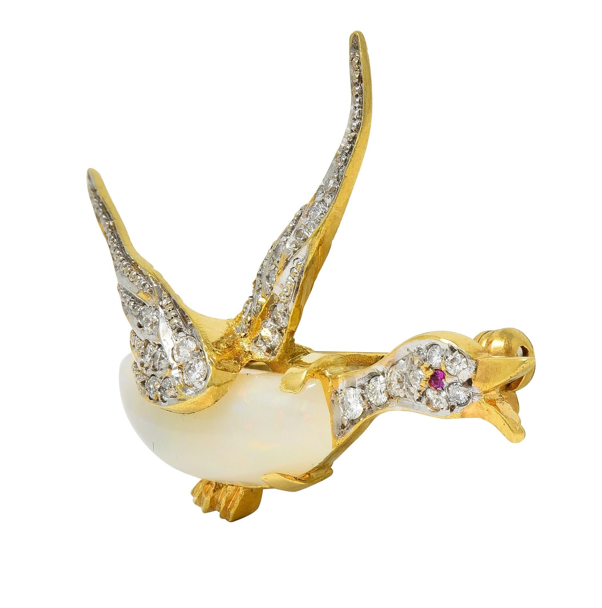 1960's Opal Diamond Ruby Platinum 18 Karat Gold Vintage Goose Bird Brooch For Sale 3