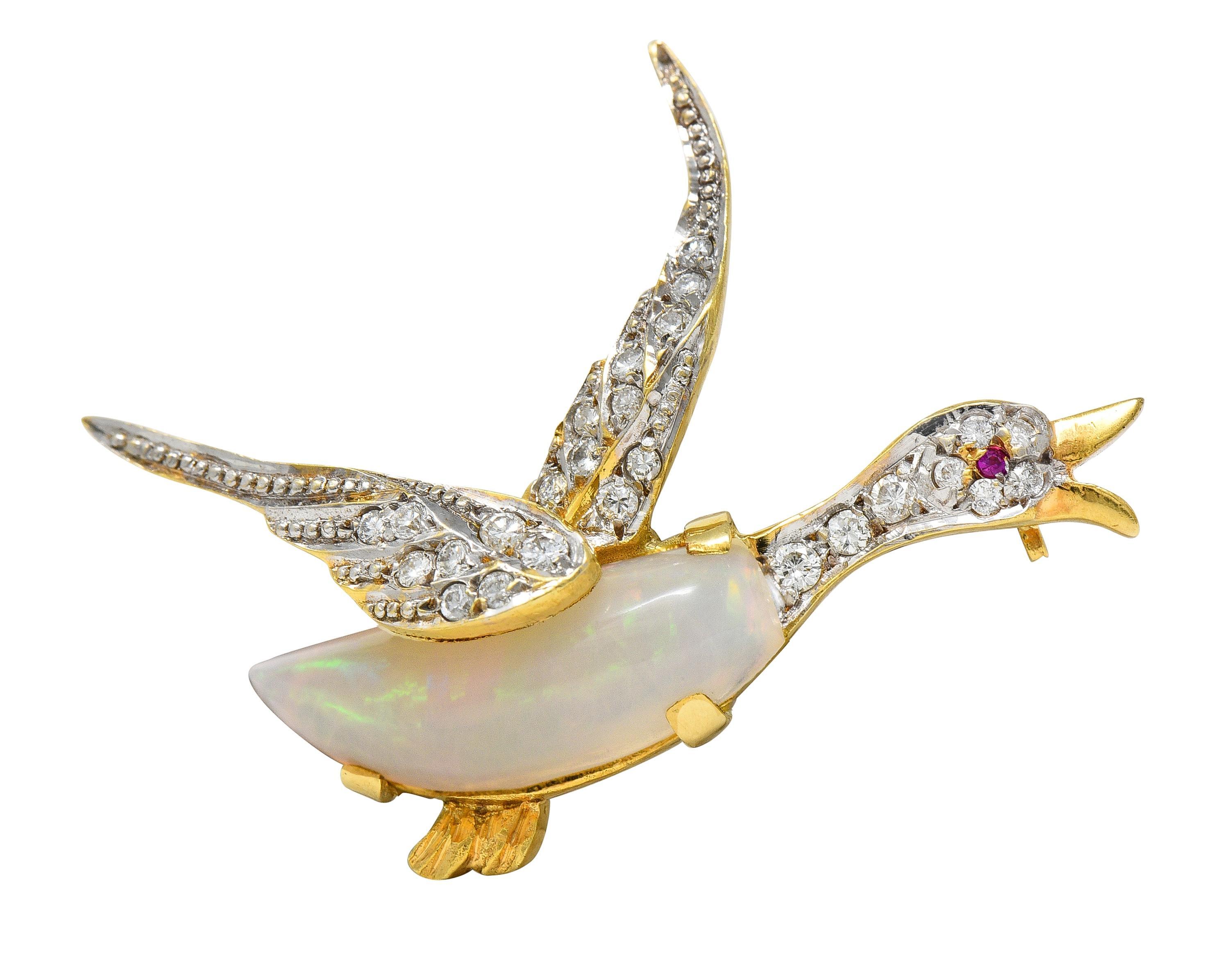 1960's Opal Diamond Ruby Platinum 18 Karat Gold Vintage Goose Bird Brooch For Sale 4
