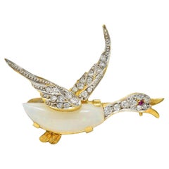 1960's Opal Diamond Ruby Platinum 18 Karat Gold Retro Goose Bird Brooch