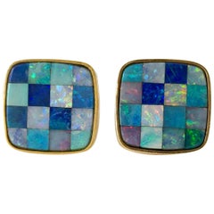 1960s Opal Mosaic 14 Karat Gold Modernist Cufflinks