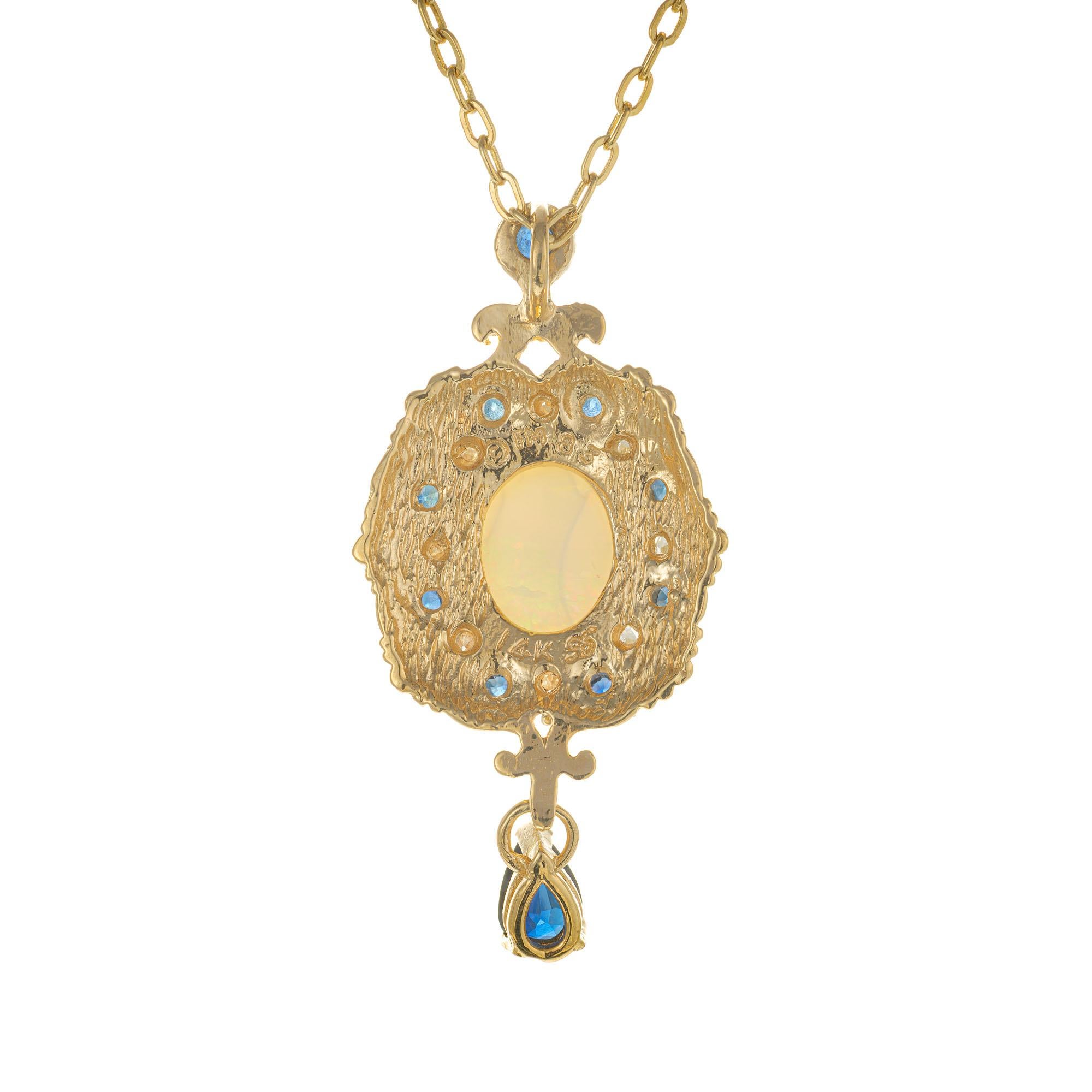 Oval Cut 1960's Opal Sapphire Diamond Yellow Gold Pendant Necklace