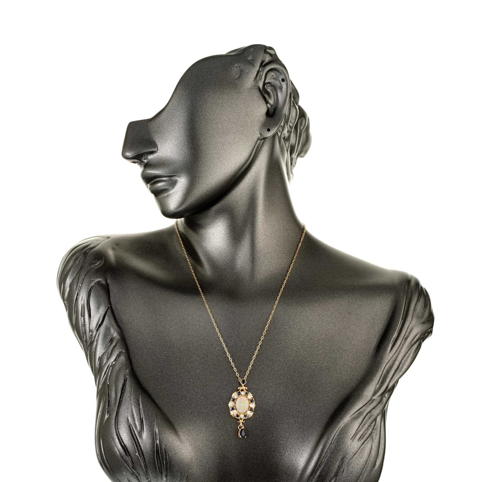 1960's Opal Sapphire Diamond Yellow Gold Pendant Necklace 1
