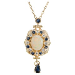1960's Opal Sapphire Diamond Yellow Gold Pendant Necklace