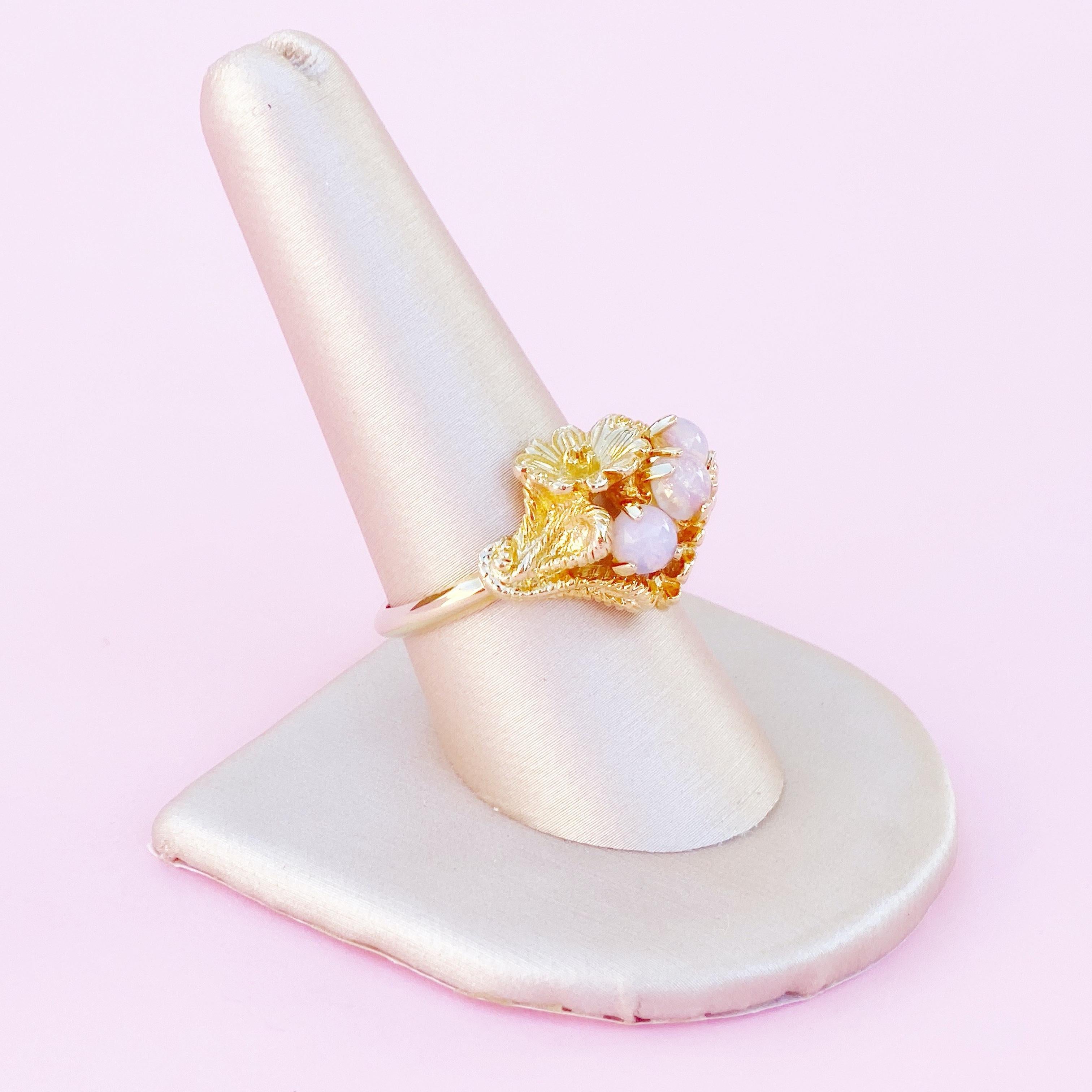 Modern 1960s Opal Trio Gold Ring With Floral Motif (Size 9) By Avon