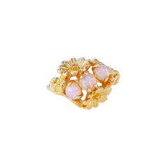 Retro 1960s Opal Trio Gold Ring With Floral Motif (Size 9) By Avon