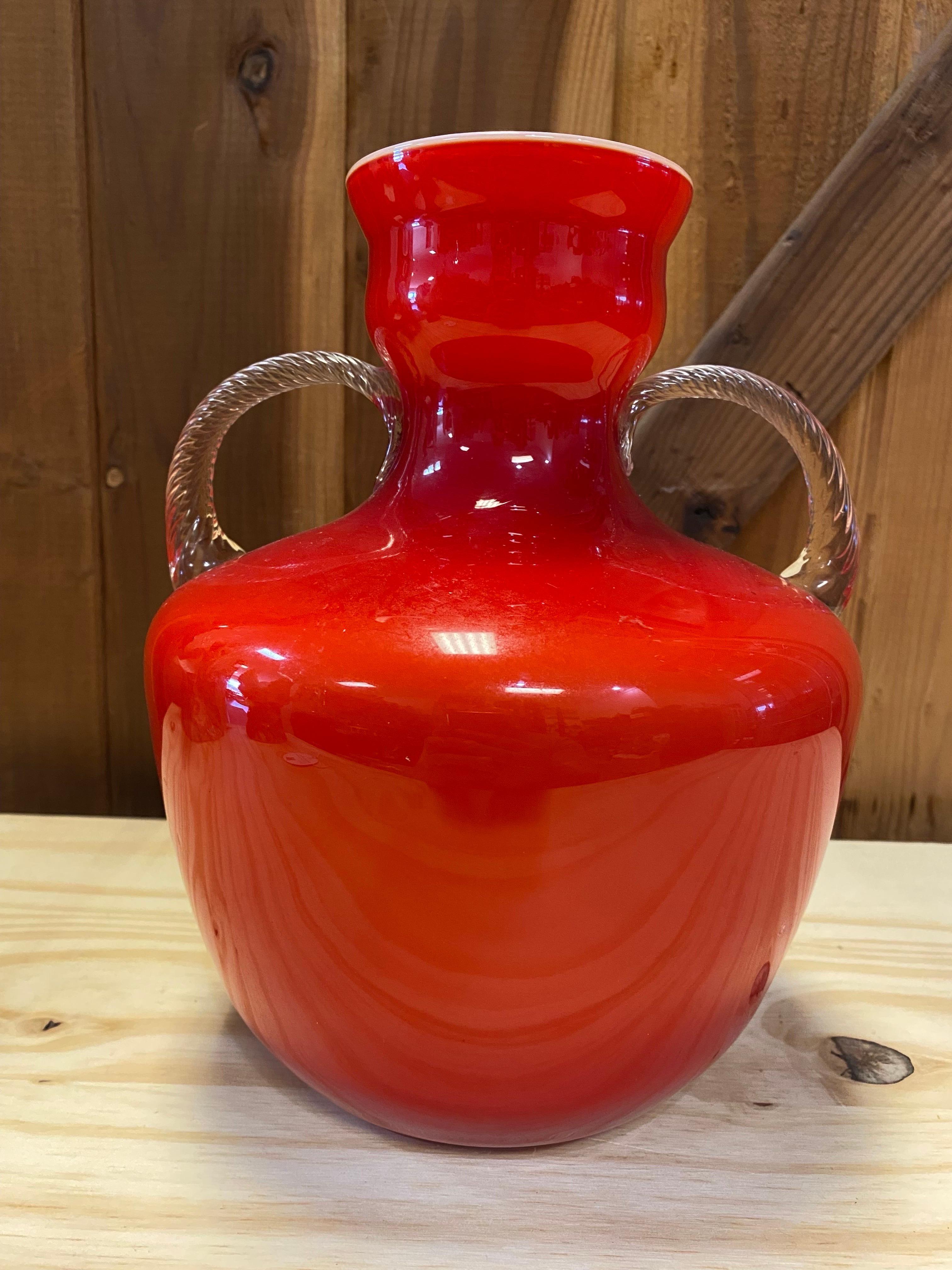 Mid-Century Modern 1960's Opalina Fiorentina Red Glass Vase, Made in Italy For Sale