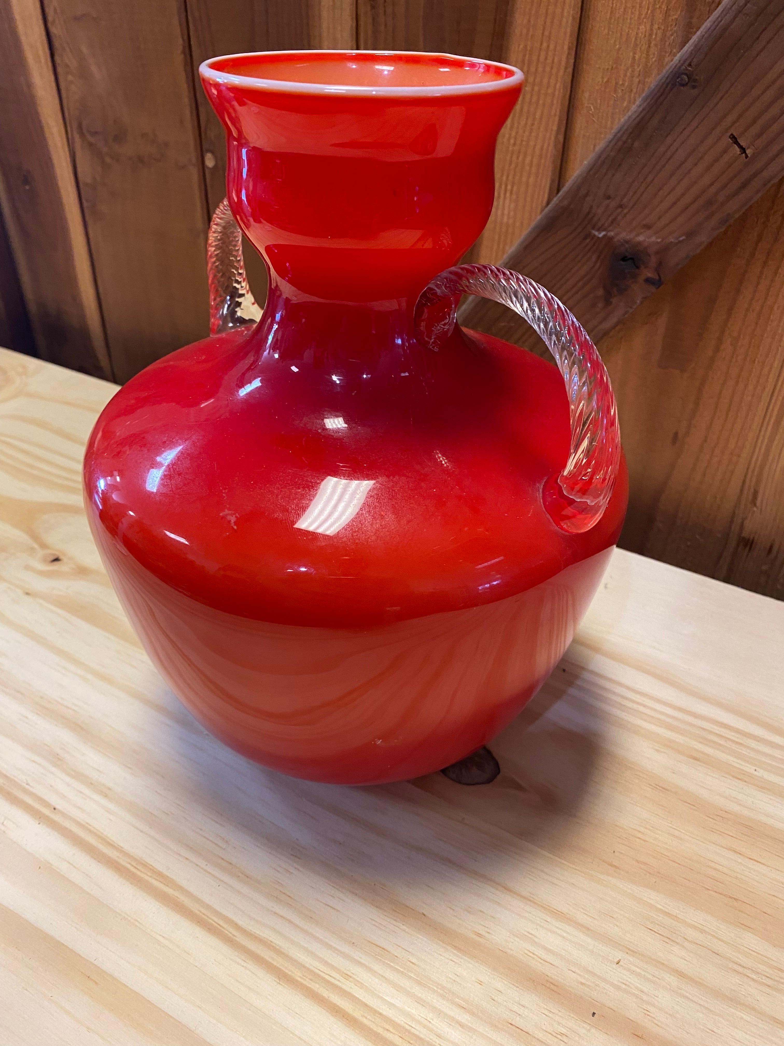 1960's Opalina Fiorentina Red Glass Vase, Made in Italy For Sale 1