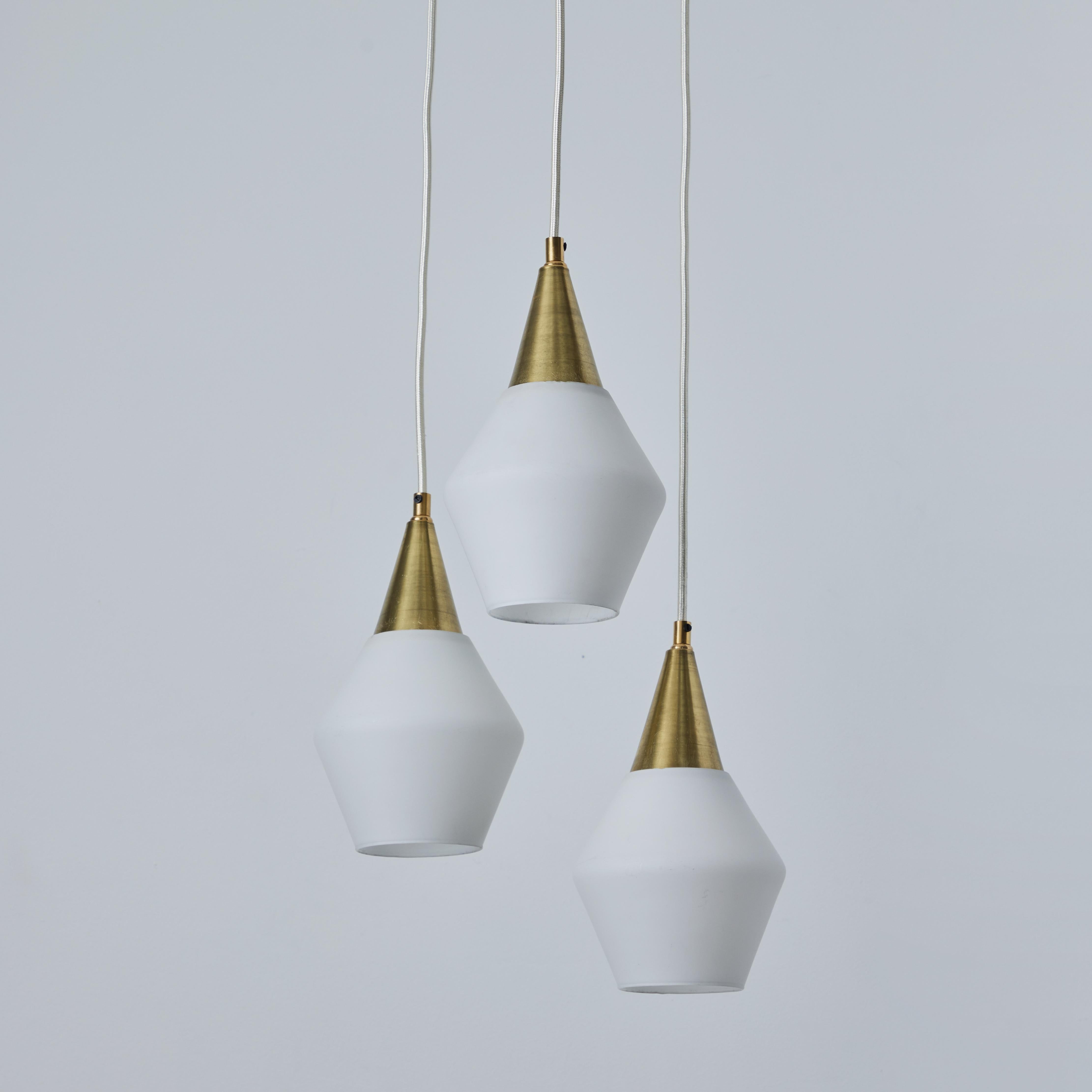 Finnish 1960s Opaline Glass and Brass Chandelier Attributed to Mauri Almari for Idman For Sale
