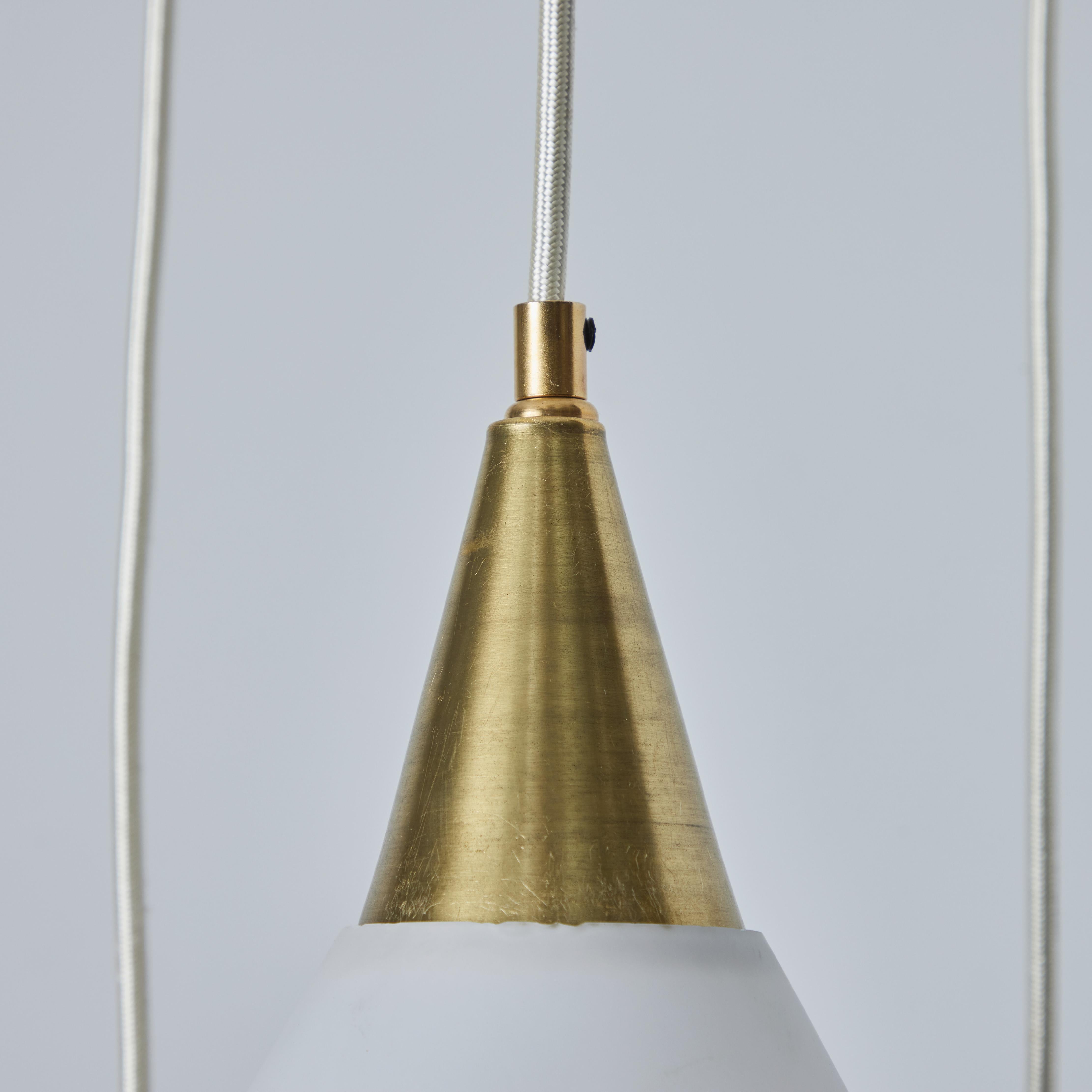 Mid-20th Century 1960s Opaline Glass and Brass Chandelier Attributed to Mauri Almari for Idman For Sale