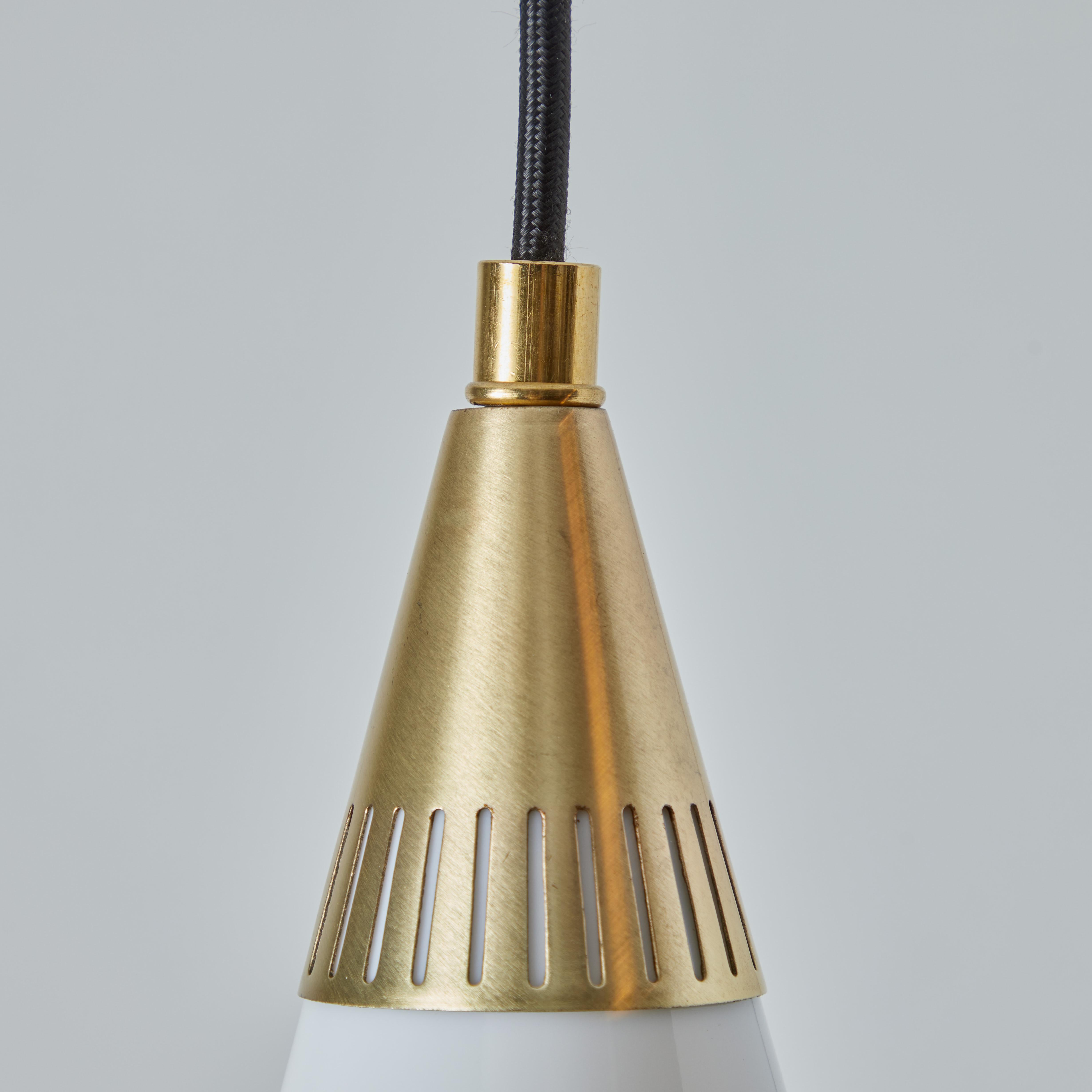 1960s Opaline Glass and Brass Geometric Pendant Lamp Attributed to Mauri Almari In Good Condition For Sale In Glendale, CA