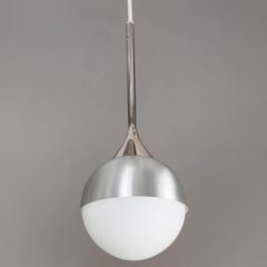 1960s opaline glass and chrome five-globe chandelier attributed to Stilnovo.