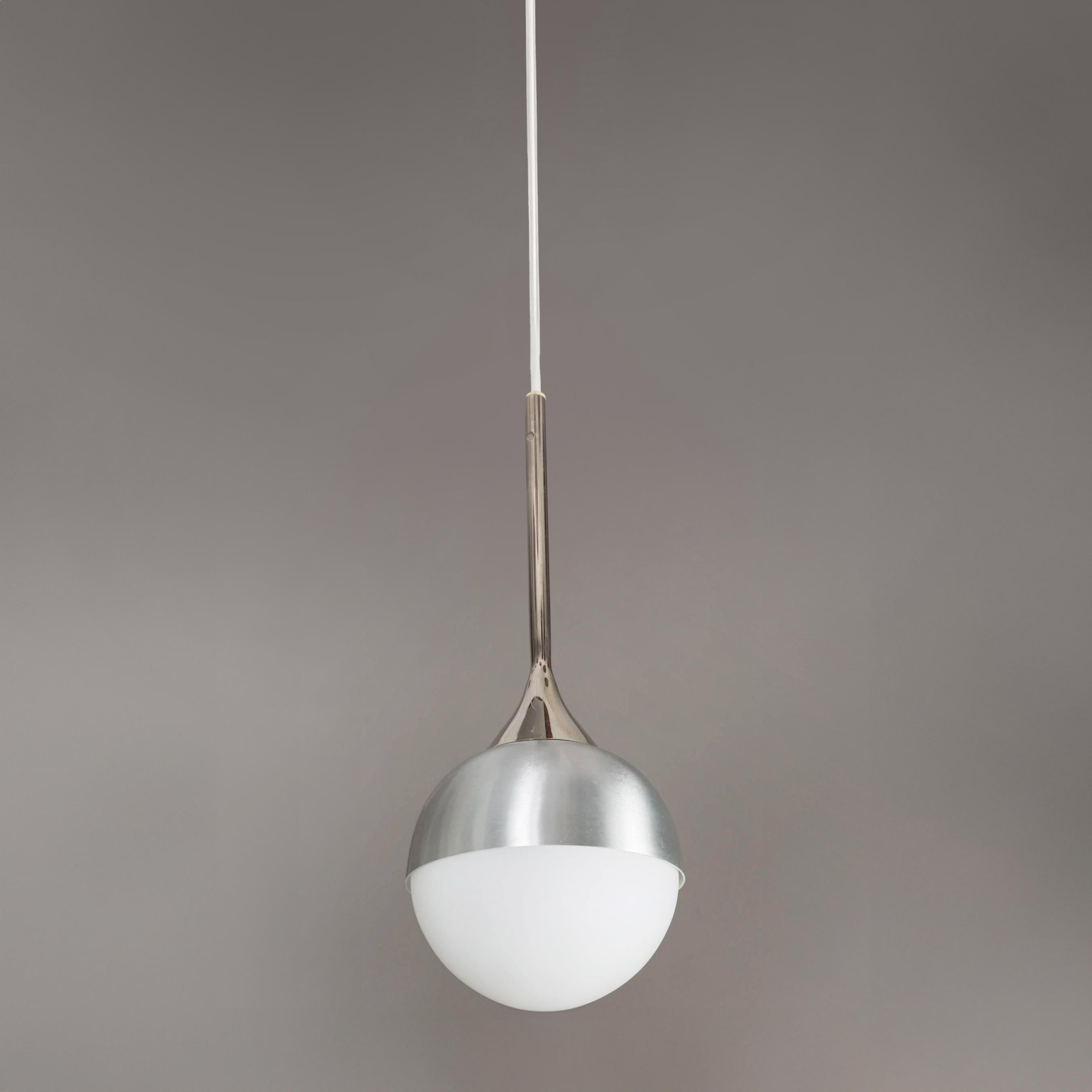 Brushed 1960s Opaline Glass and Metal Globe Pendant Attributed to Stilnovo For Sale