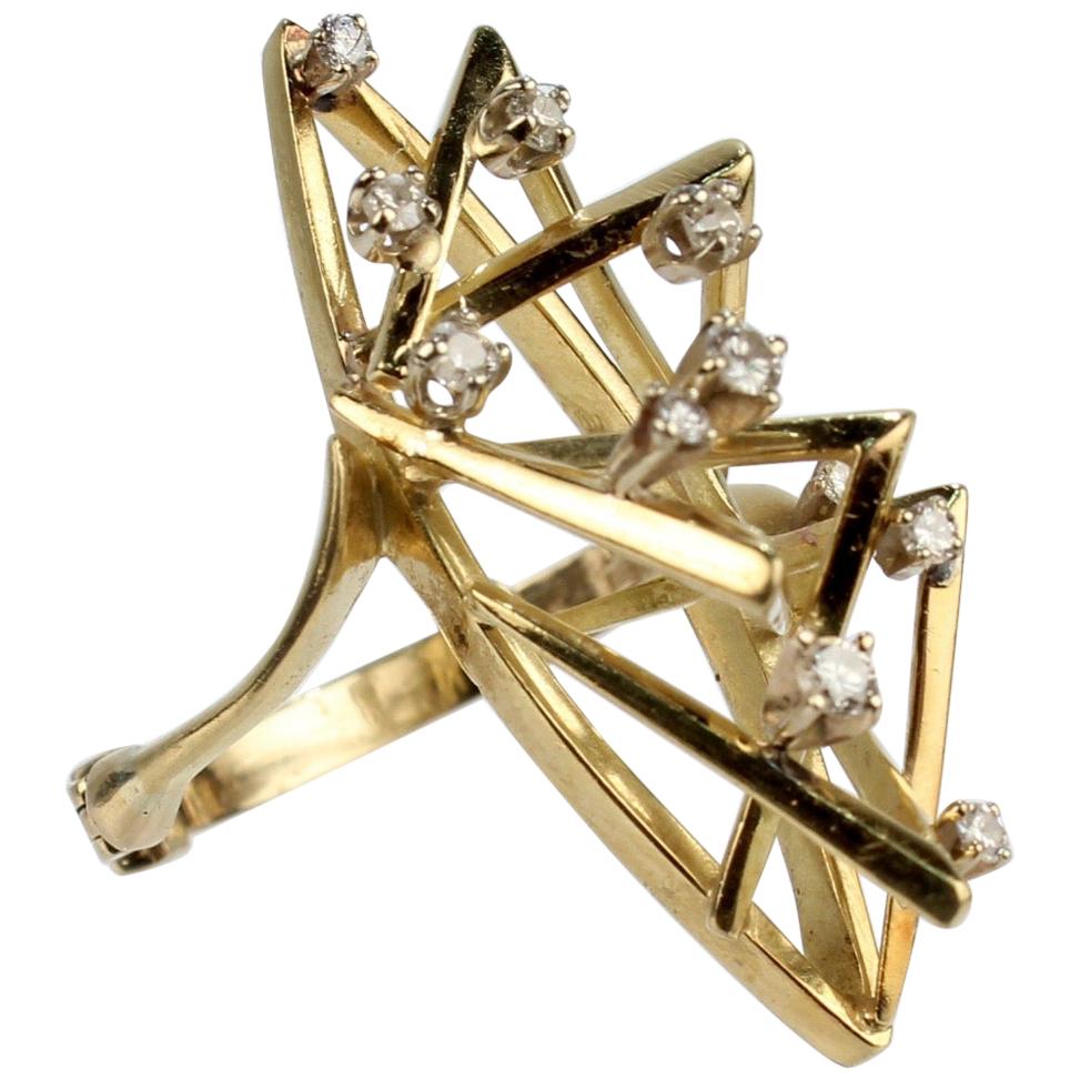 1960s or 1970s 14 Karat Gold and Diamond Modernist Cocktail Ring