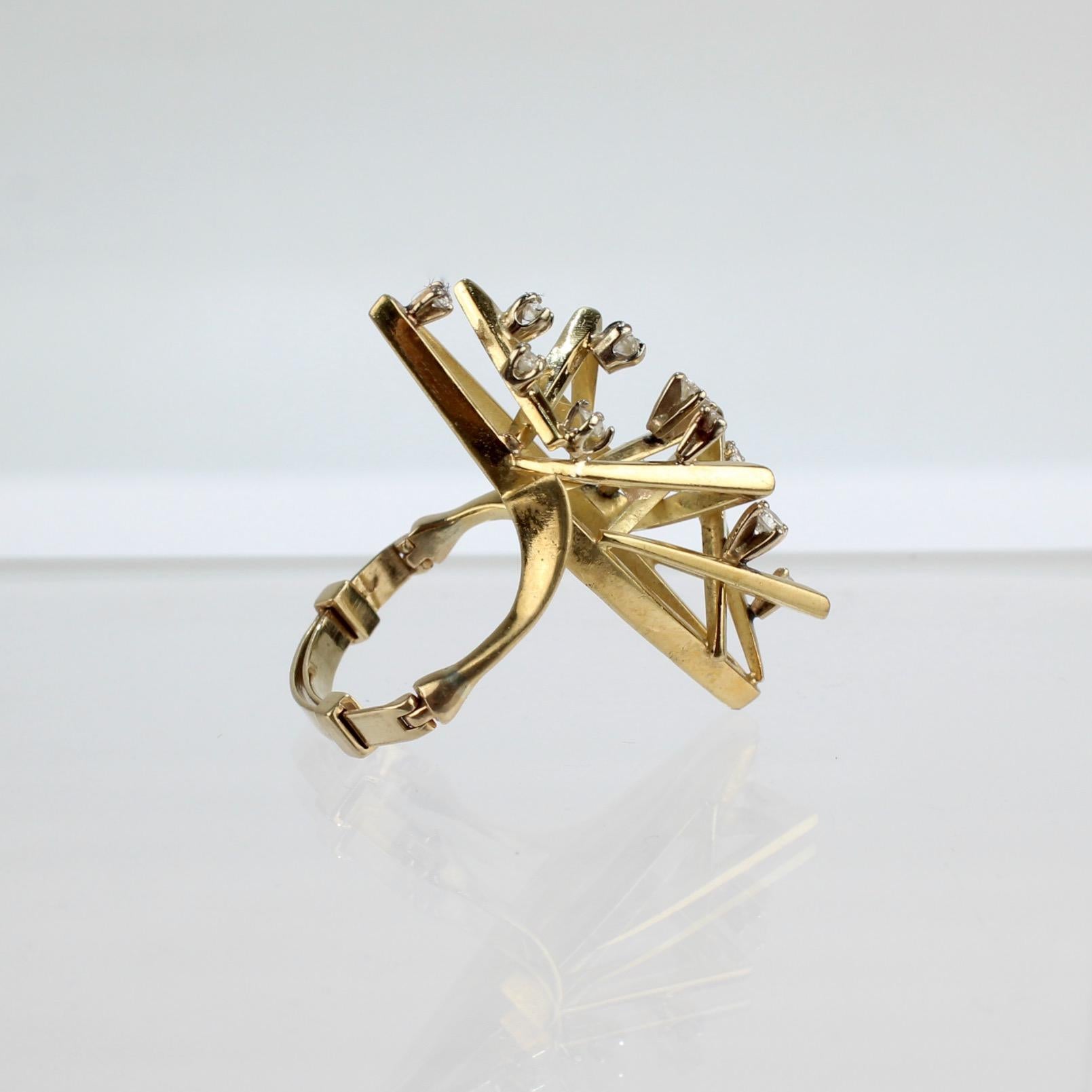 Round Cut 1960s or 1970s 14 Karat Gold and Diamond Modernist Cocktail Ring