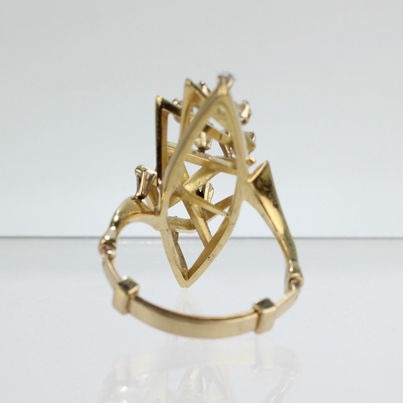 Women's 1960s or 1970s 14 Karat Gold and Diamond Modernist Cocktail Ring