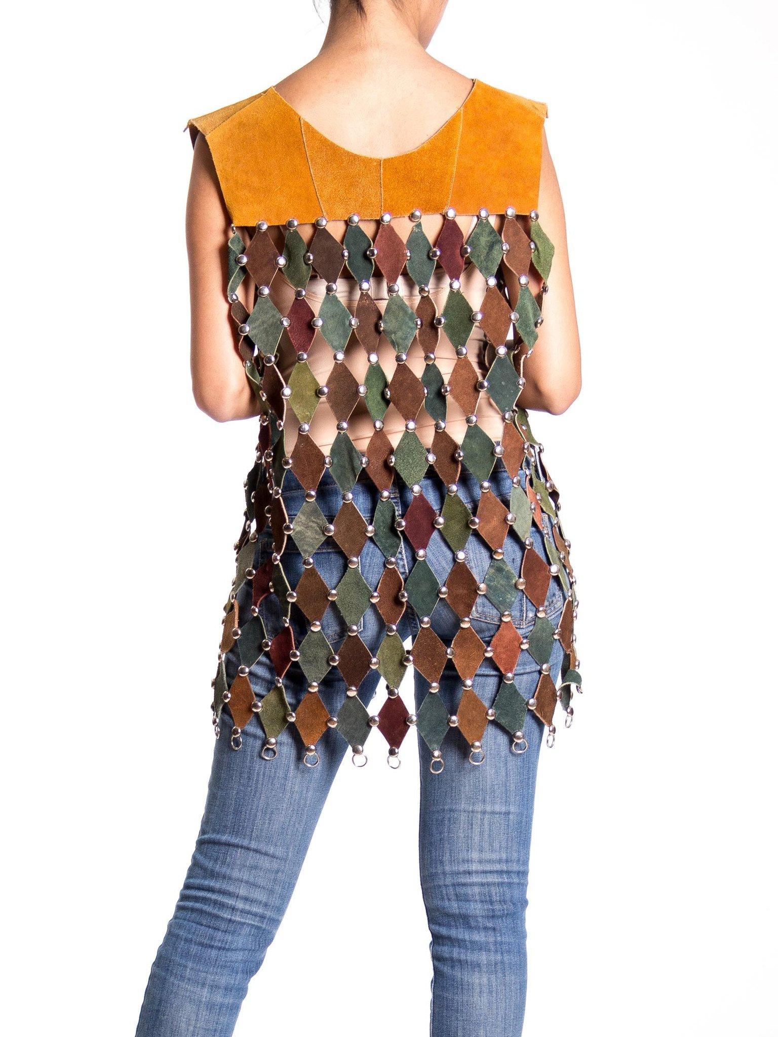 1970S Brown & Olive Green Suede Diamond Cut Studded Boho Vest For Sale 2