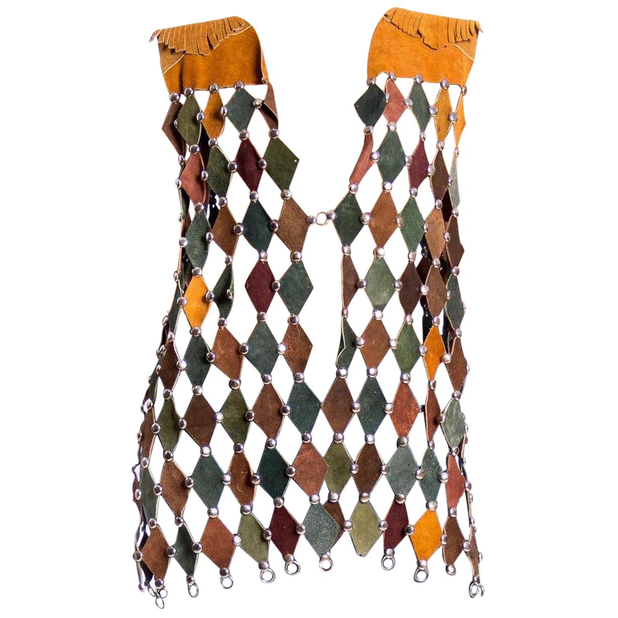 1970S Brown & Olive Green Suede Diamond Cut Studded Boho Vest For Sale