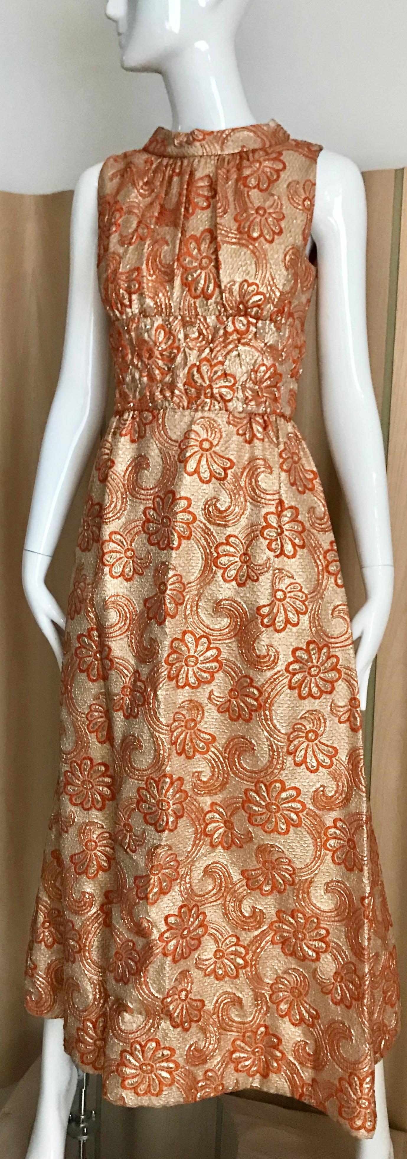 1960s Orange and Gold Brocade Sleeveless Maxi Dress In Good Condition In Beverly Hills, CA