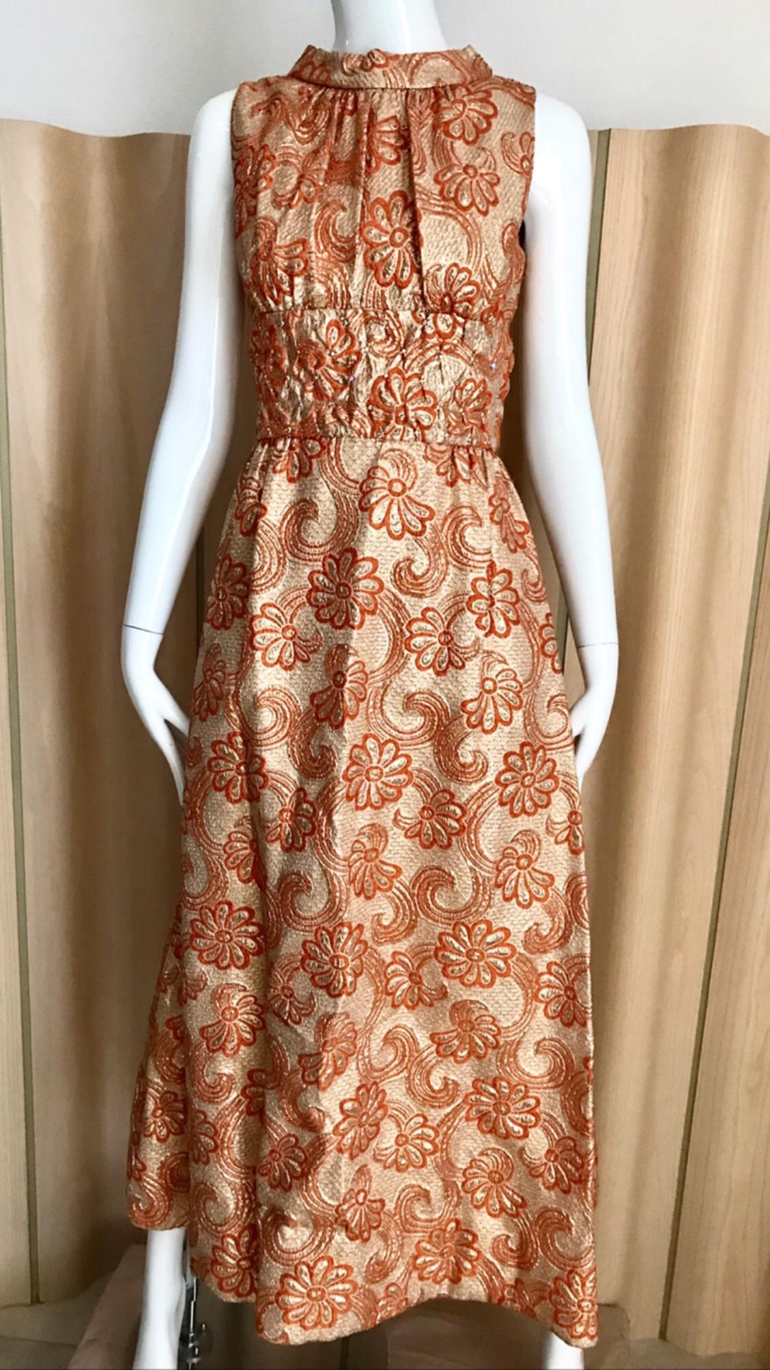 1960s Orange and Gold Brocade Sleeveless Maxi Dress 1