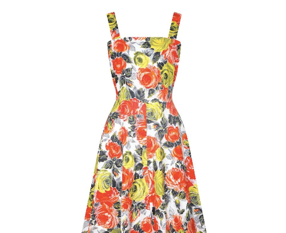 De las mujeres Vestido de algodón estampado de rosas naranjas y amarillas de los años 60