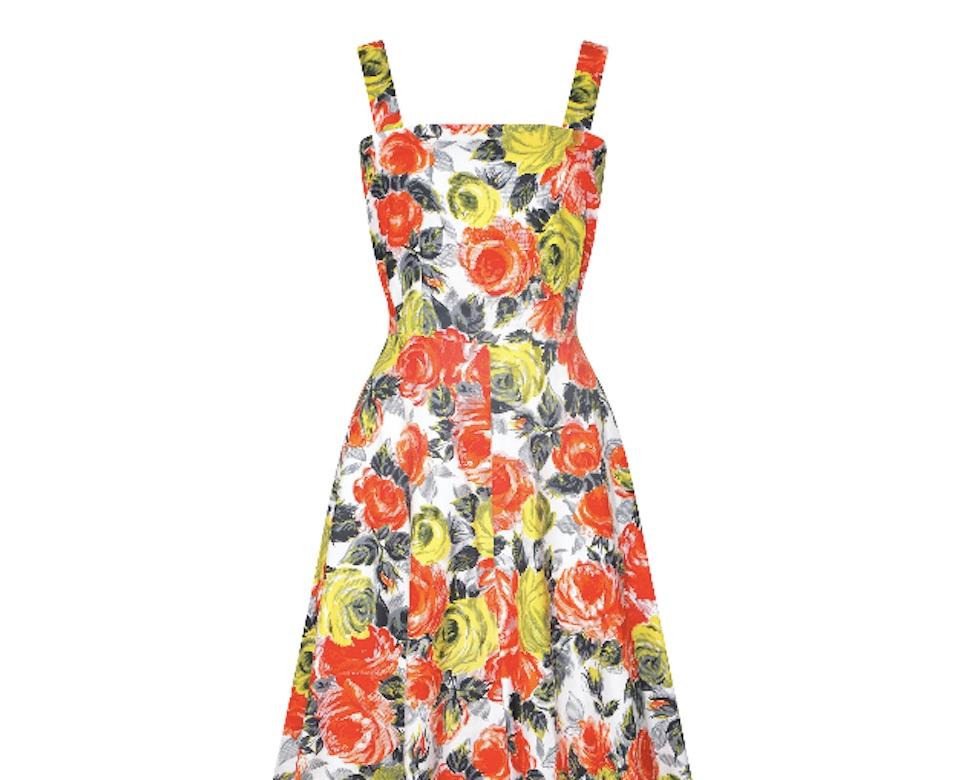 Oranges und gelbes Baumwollkleid mit Rosendruck aus den 1960er Jahren Damen im Angebot