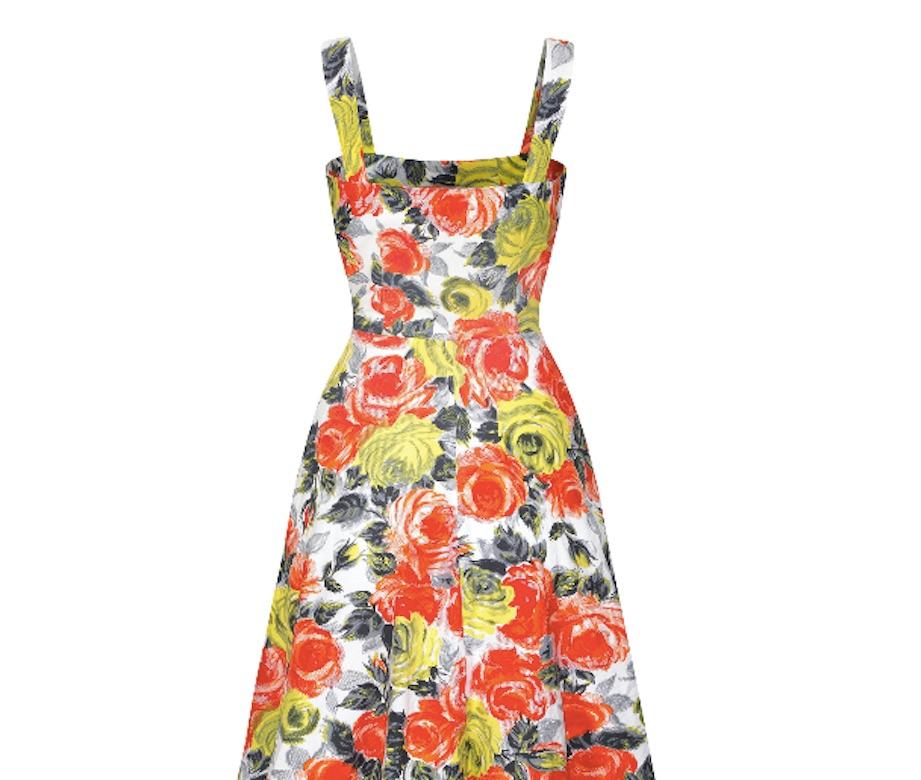 Vestido de algodón estampado de rosas naranjas y amarillas de los años 60 1