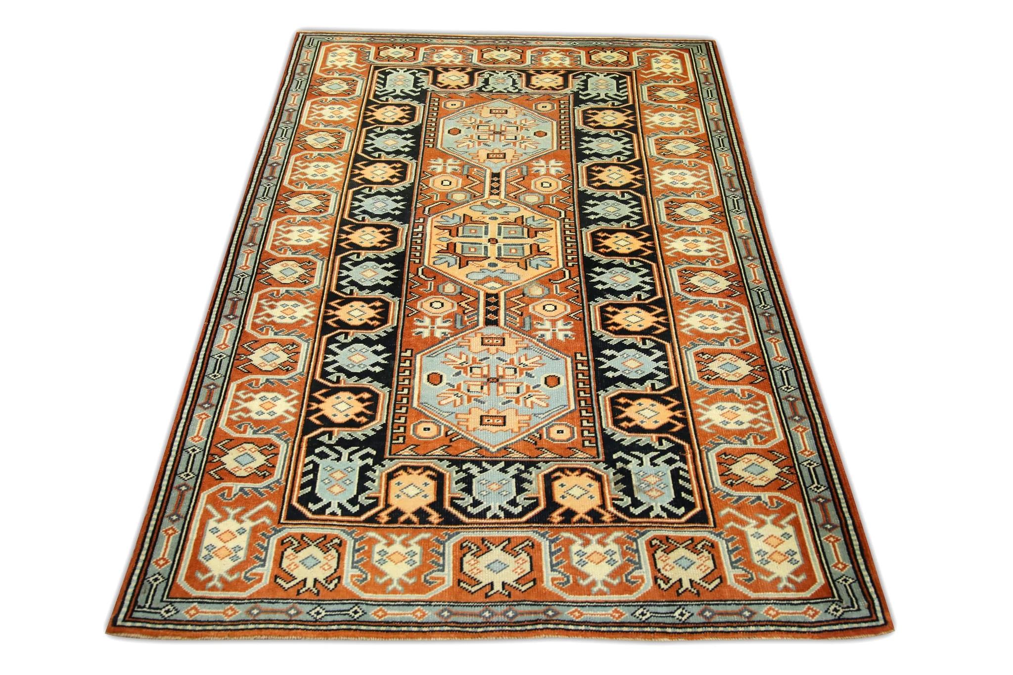 1960s Orange & Blue Vintage Turkish Rug 3'11