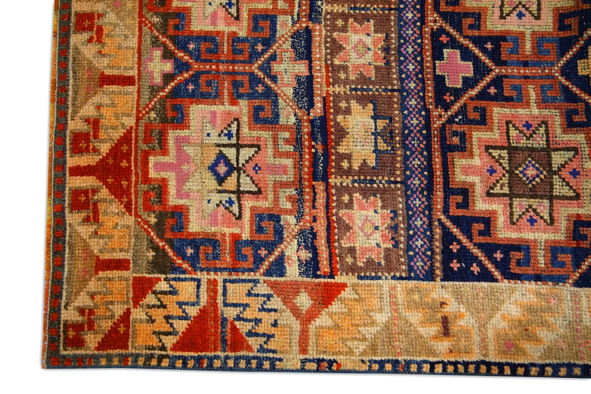 Tribal 1960s Orange & Blue Vintage Turkish Rug 3'3