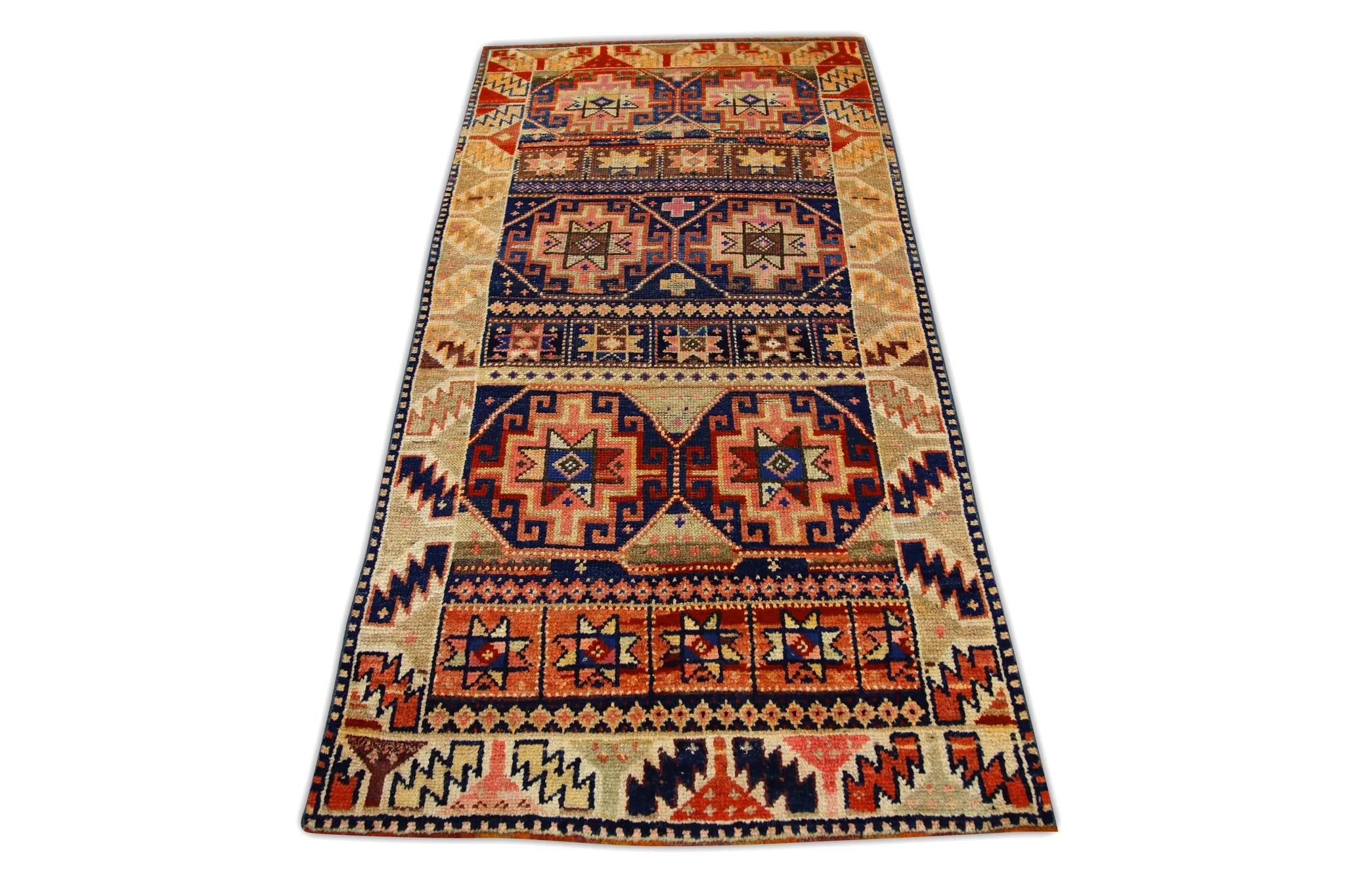 1960s Orange & Blue Vintage Turkish Rug 3'3