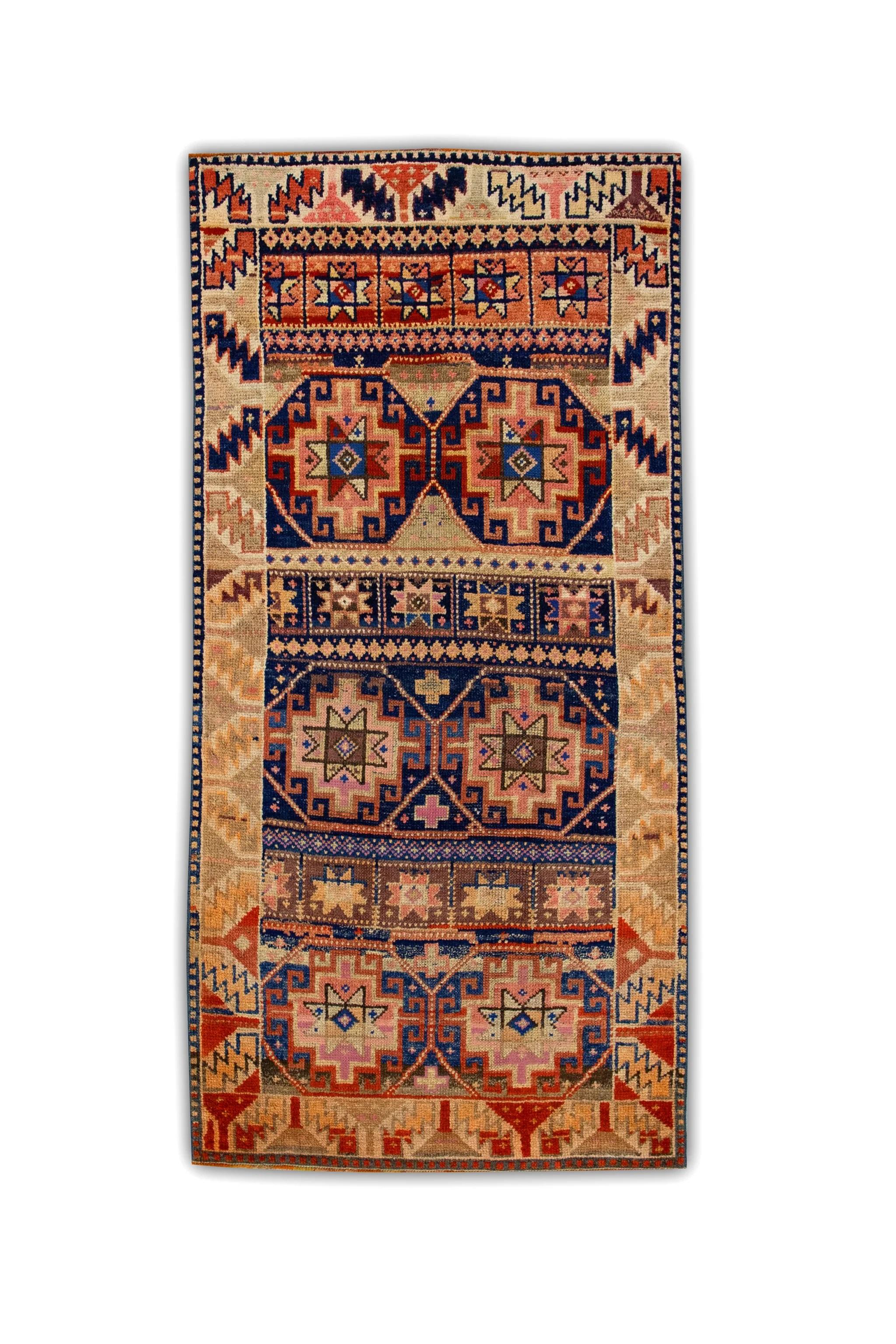 Mid-20th Century 1960s Orange & Blue Vintage Turkish Rug 3'3