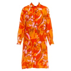 1960S Orange Floral Print Poly Blend Button Up Shirt Dress