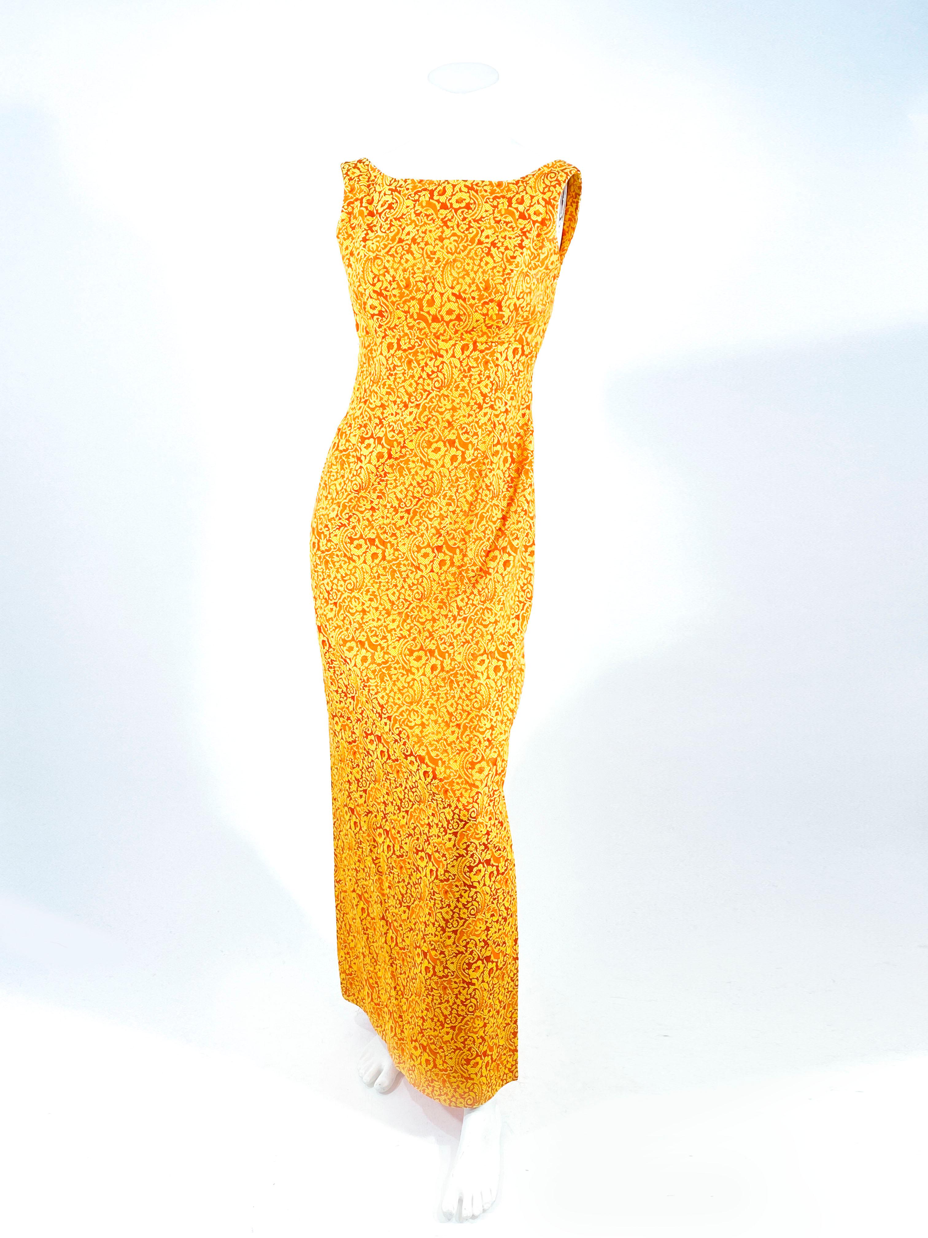 Vestido de brocado floral naranja y dorado de los años 60 Naranja