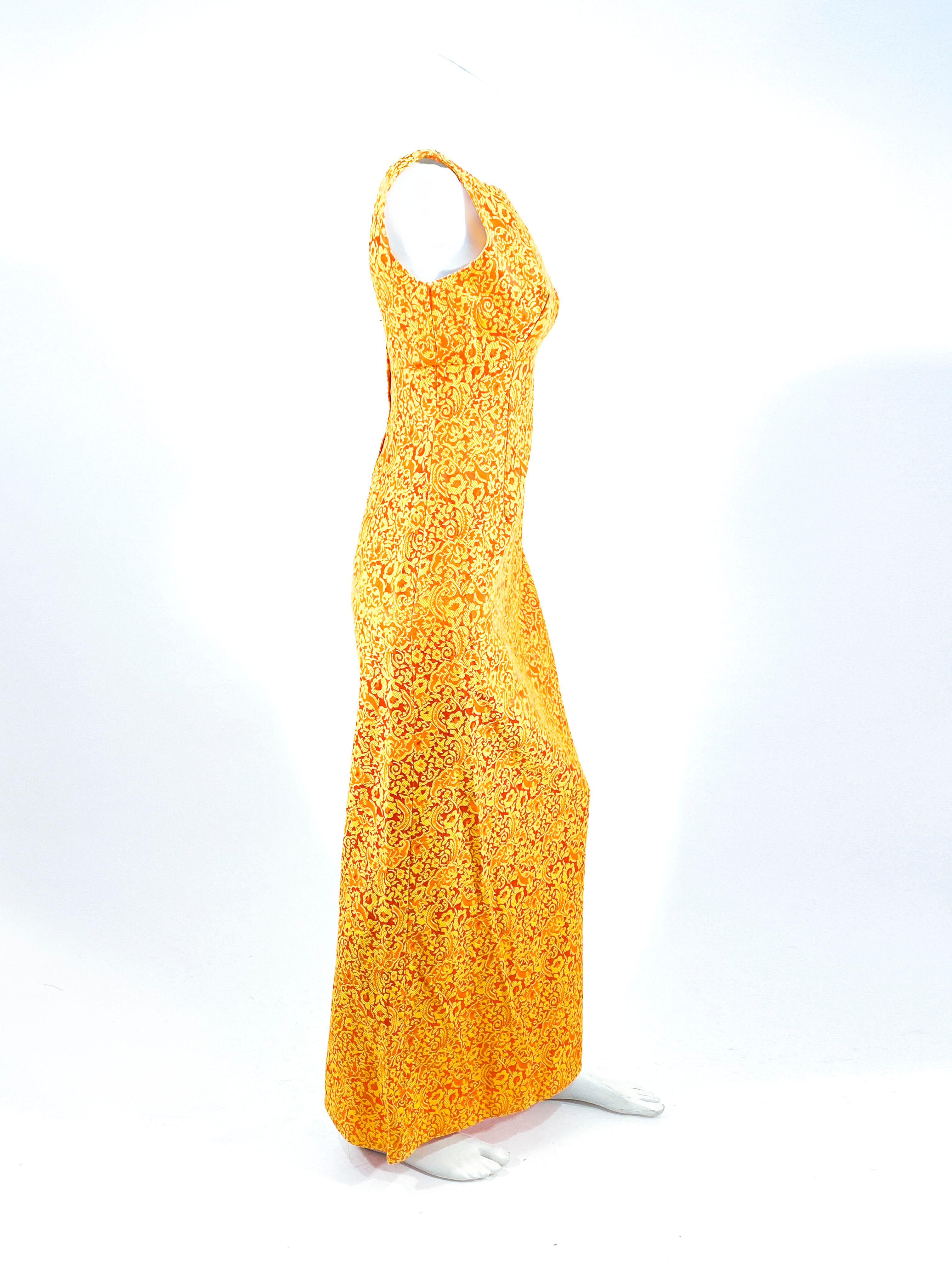 1960s Orange & Gold Floral Brocade Gown In Good Condition For Sale In San Francisco, CA