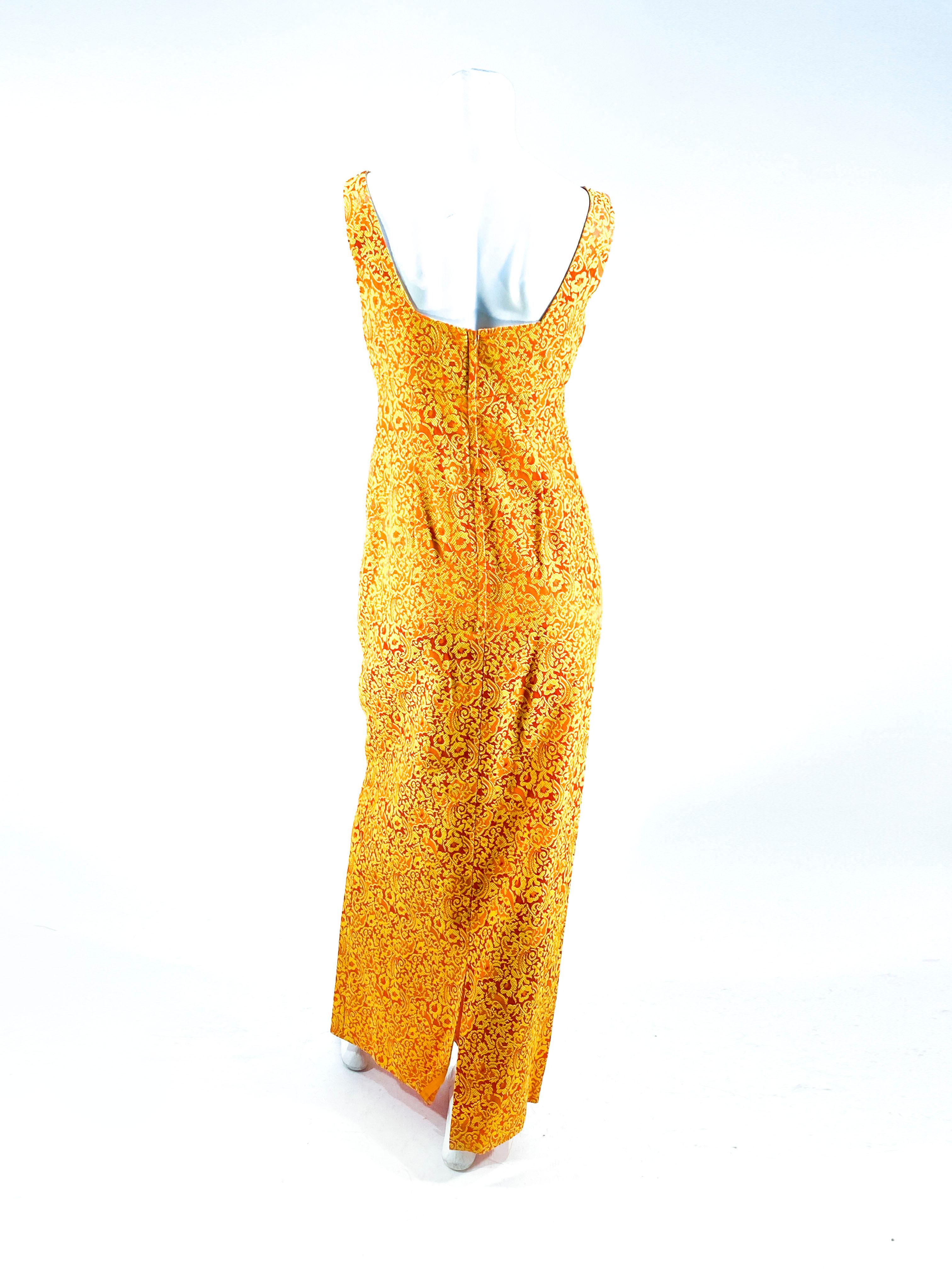 Women's 1960s Orange & Gold Floral Brocade Gown For Sale