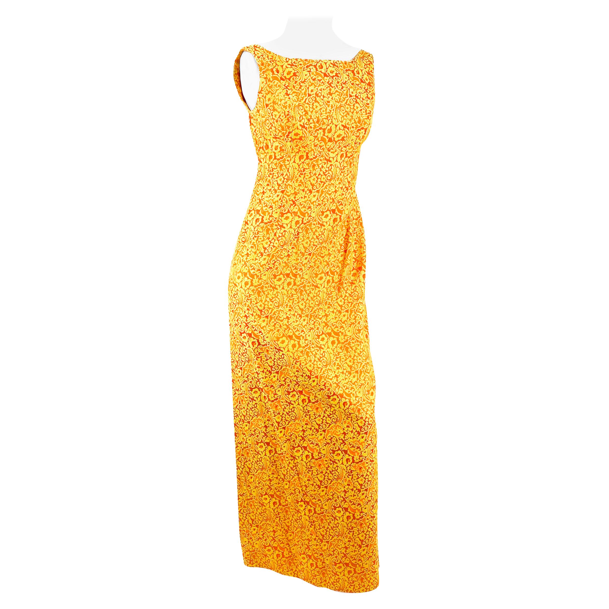 1960s Orange & Gold Floral Brocade Gown