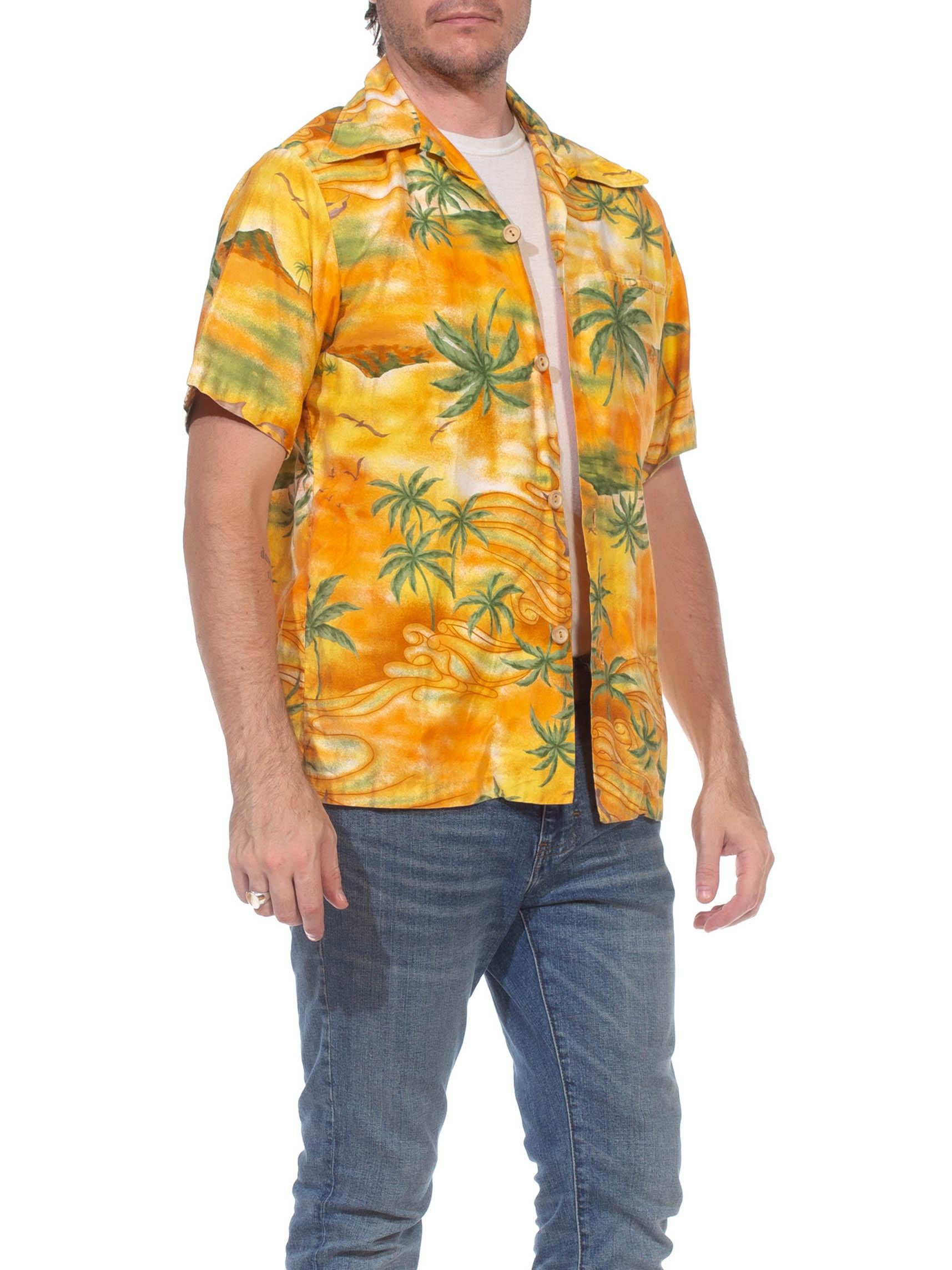 Men's 1960S Orange & Green Cotton Hawaiian Short Sleeve Shirt With Dagger Colar