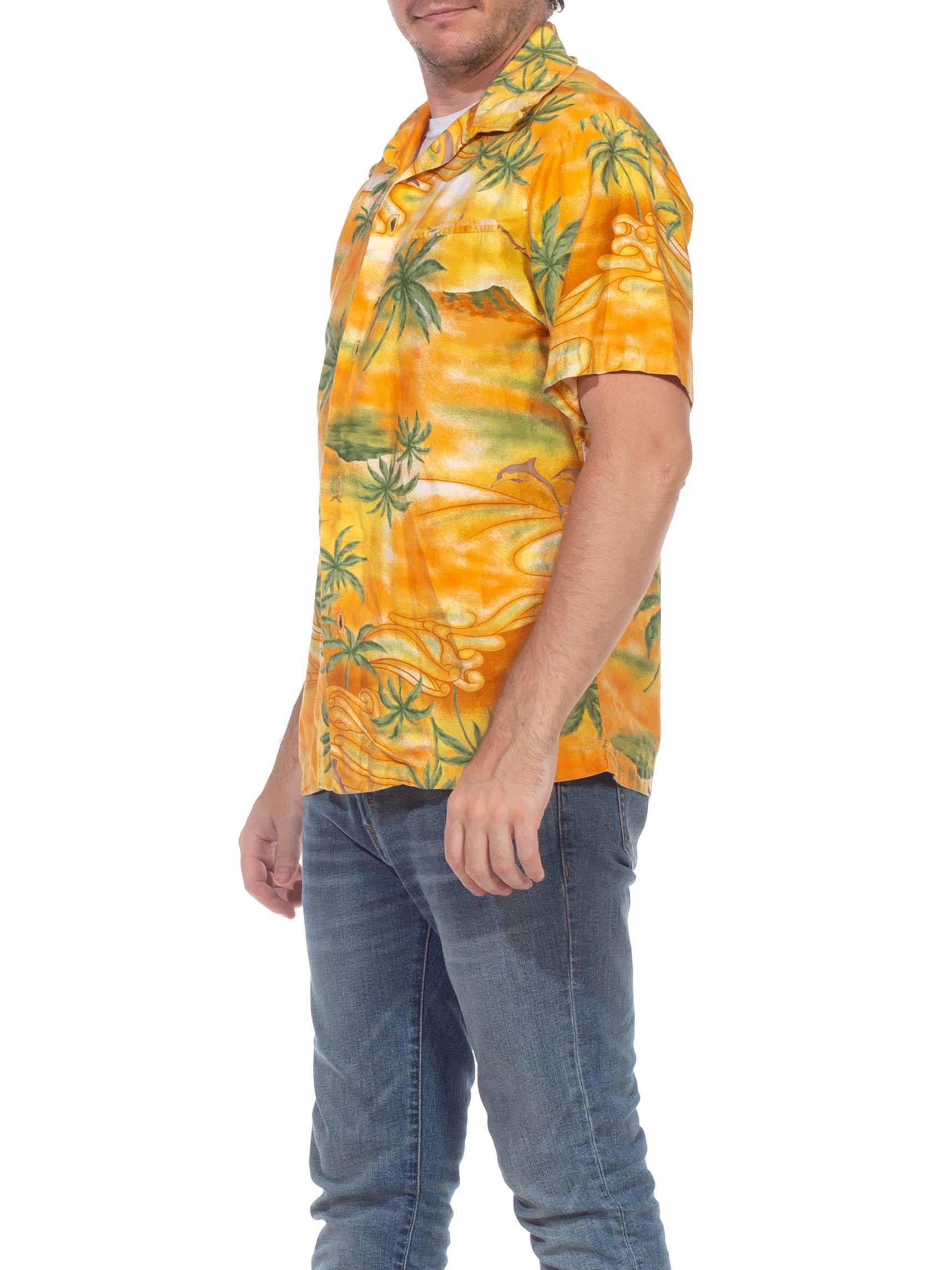1960S Orange & Green Cotton Hawaiian Short Sleeve Shirt With Dagger Colar 1