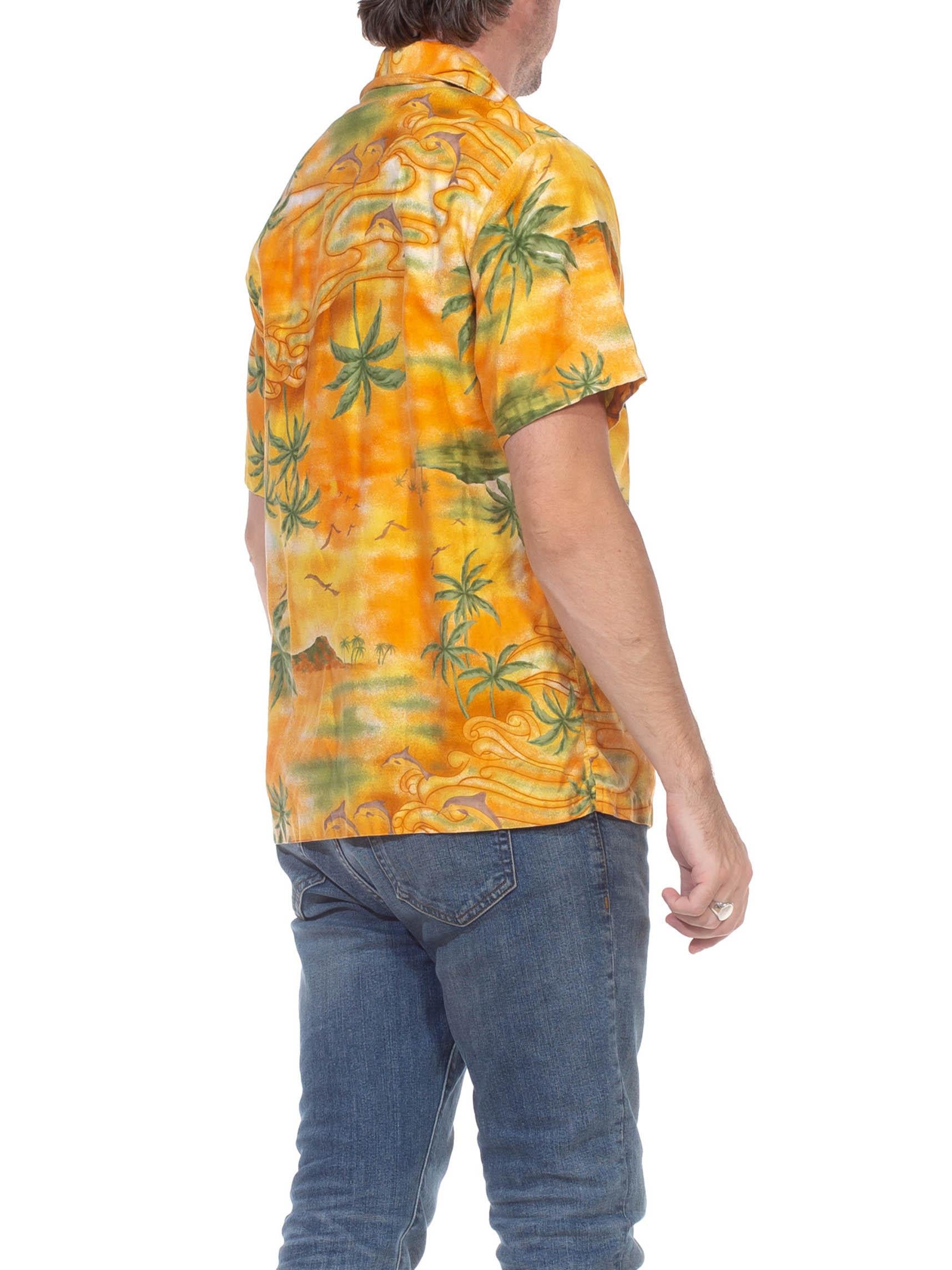 1960S Orange & Green Cotton Hawaiian Short Sleeve Shirt With Dagger Colar 2