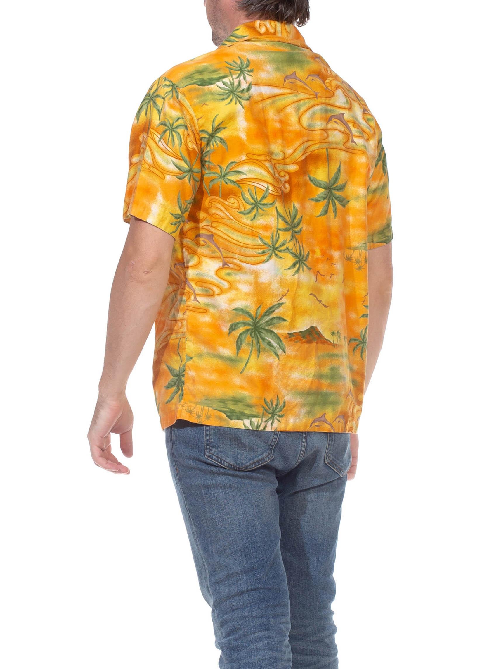 1960S Orange & Green Cotton Hawaiian Short Sleeve Shirt With Dagger Colar 3
