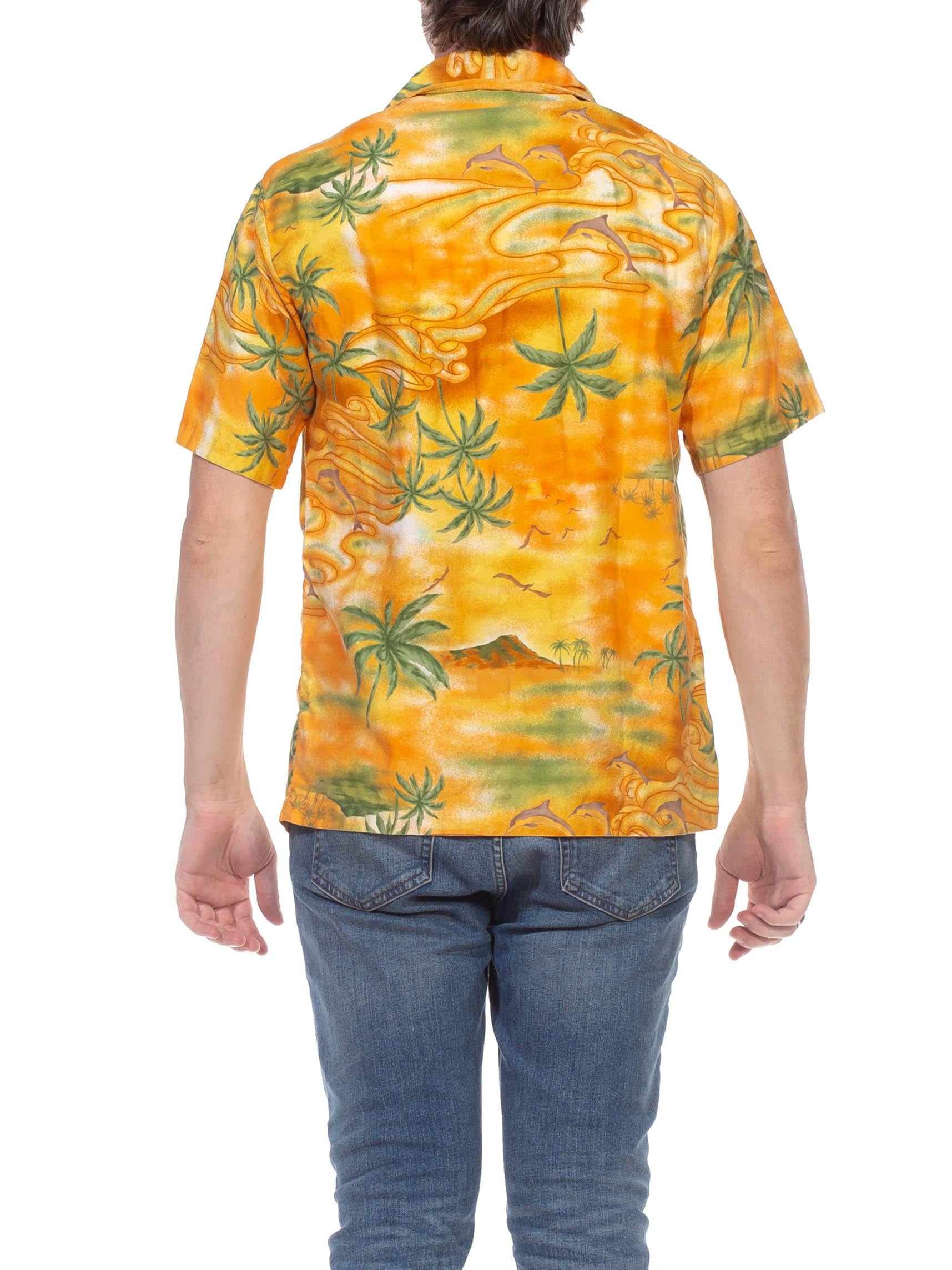 1960S Orange & Green Cotton Hawaiian Short Sleeve Shirt With Dagger Colar 4