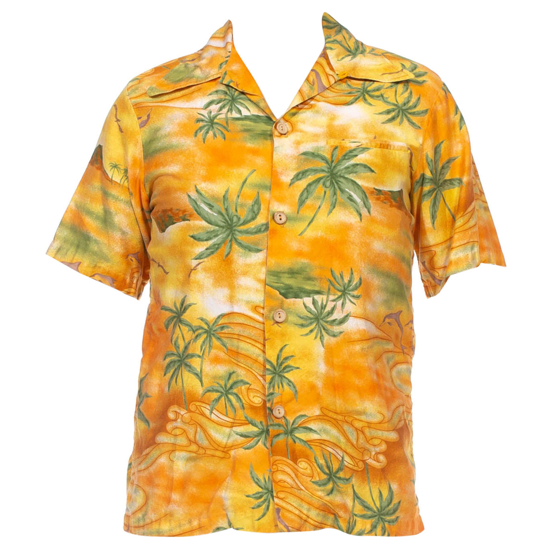 1960S Orange & Green Cotton Hawaiian Short Sleeve Shirt With Dagger Colar
