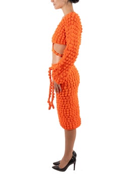 1960S Orange Hand Knit Wrap Top & Skirt Ensemble