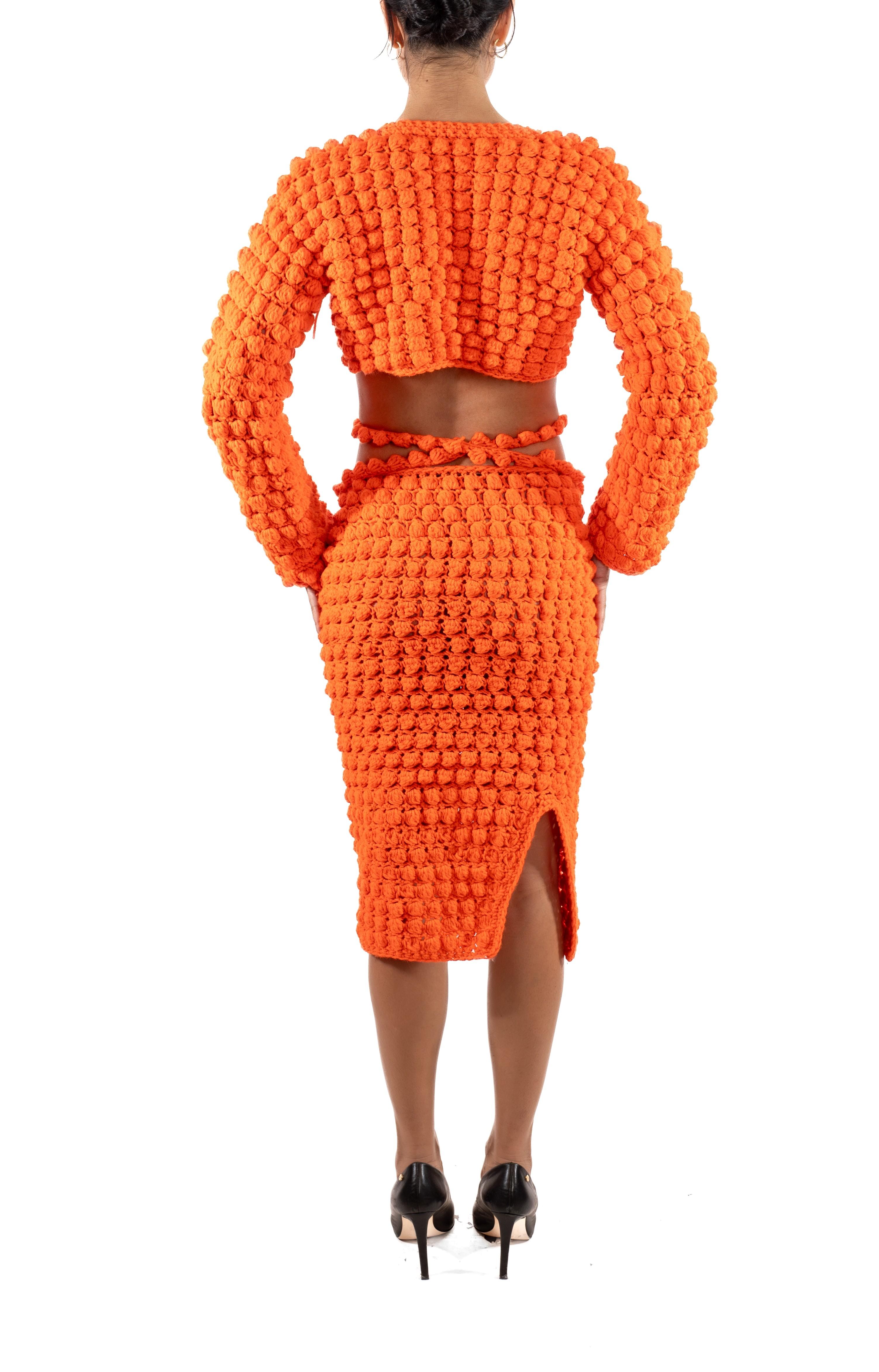 1960S Orange Hand Knit Wrap Top & Skirt Ensemble For Sale 1