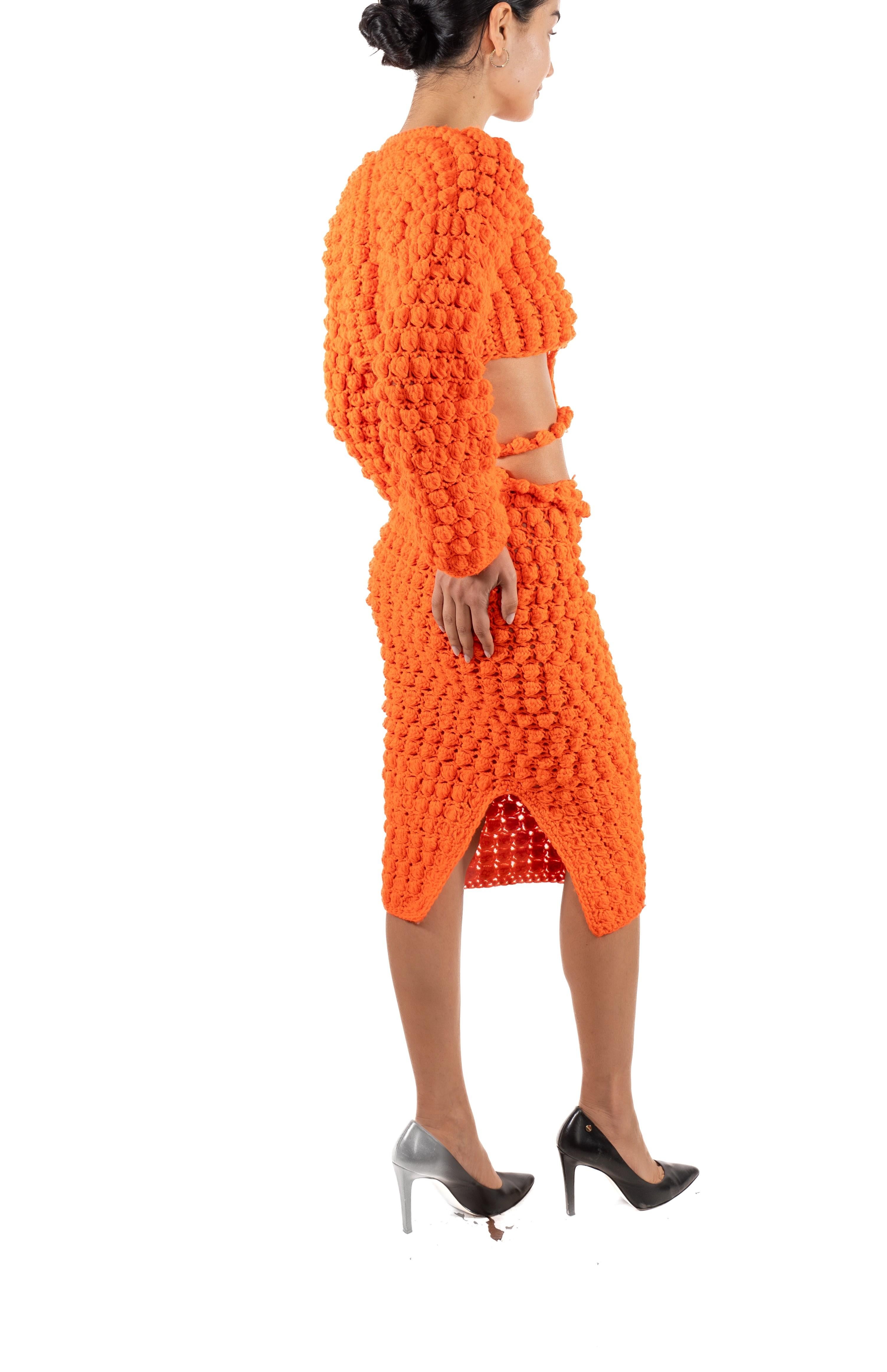 1960S Orange Hand Knit Wrap Top & Skirt Ensemble For Sale 2