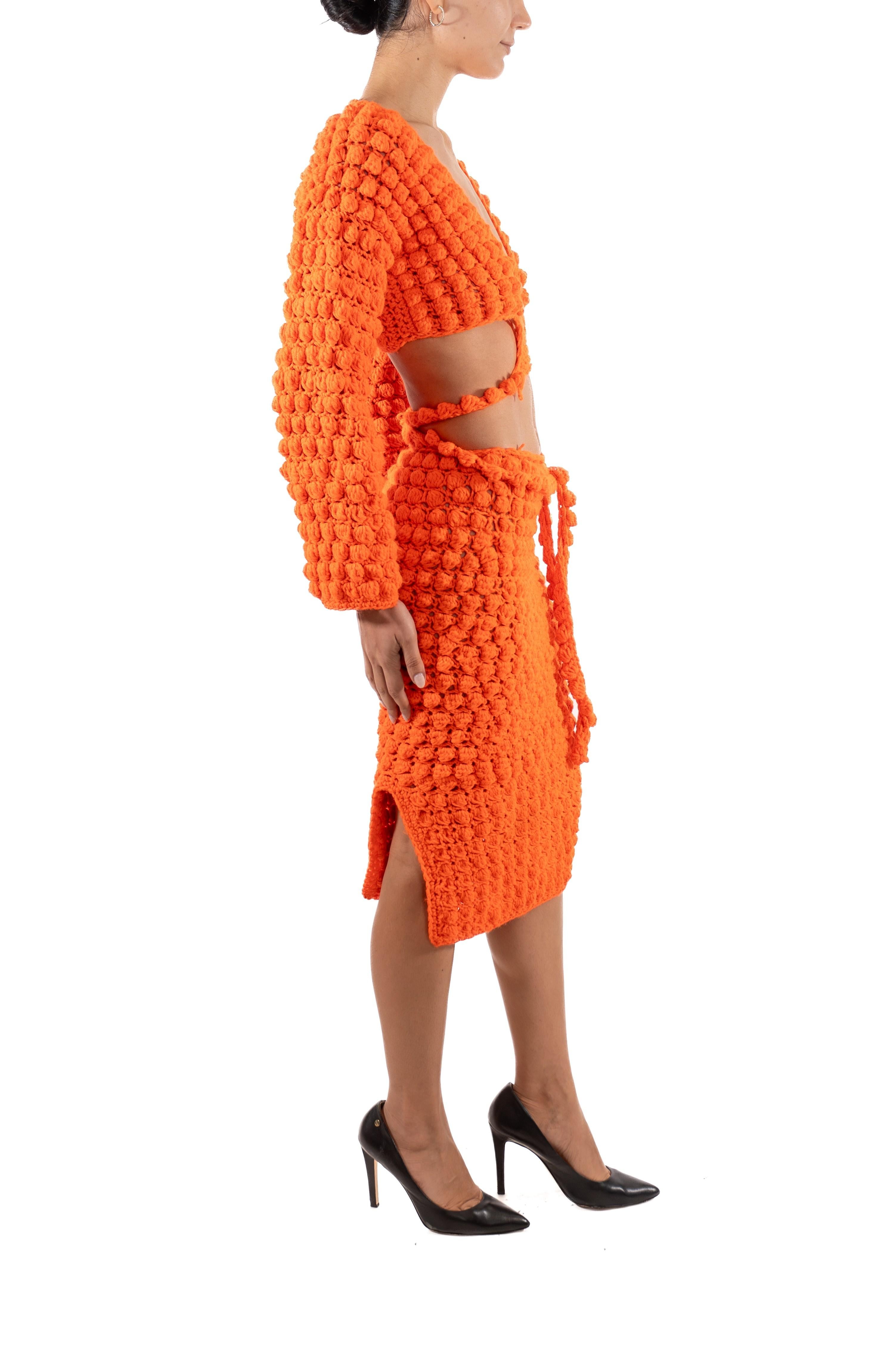 1960S Orange Hand Knit Wrap Top & Skirt Ensemble For Sale 3