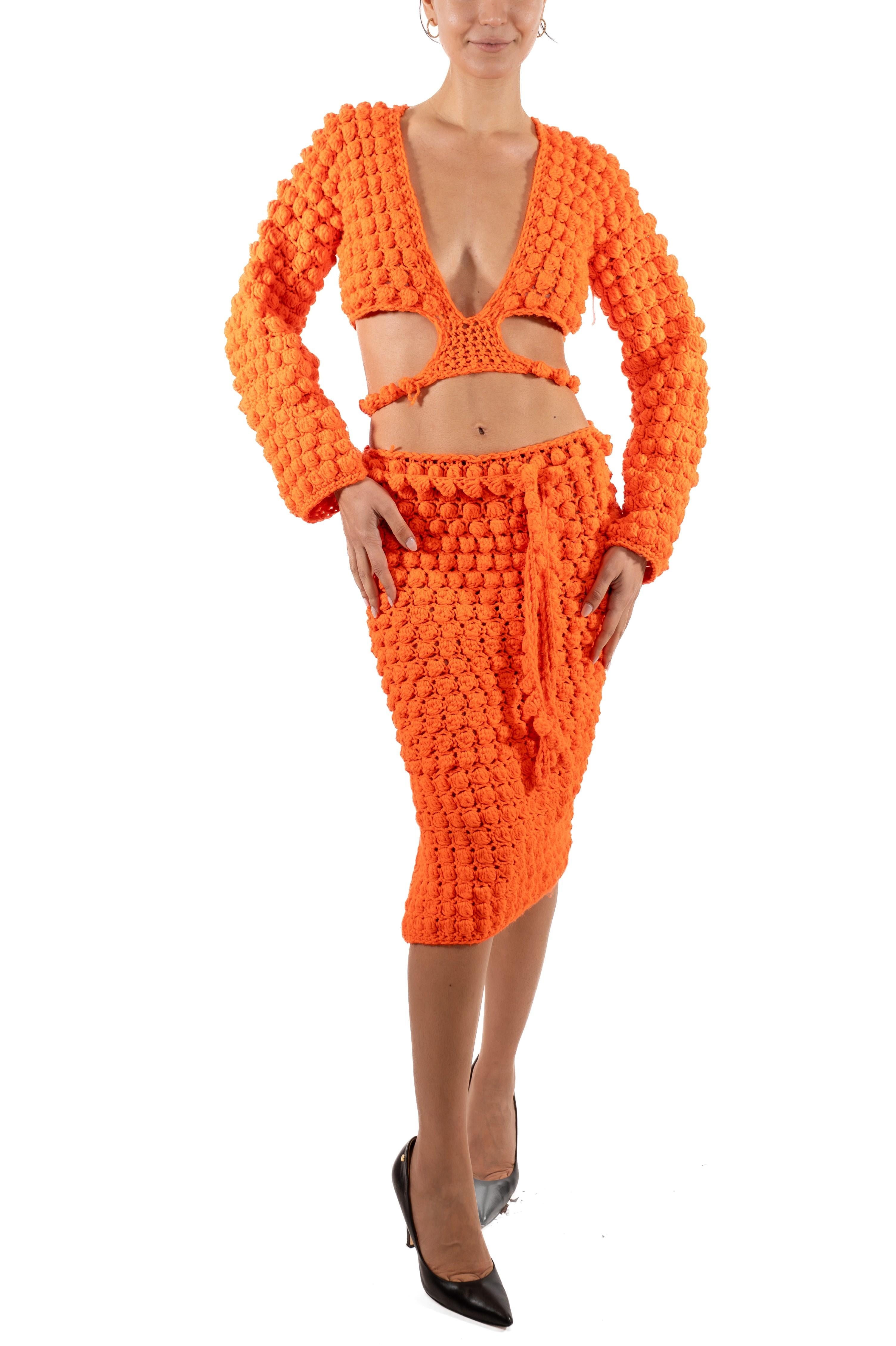 1960S Orange Hand Knit Wrap Top & Skirt Ensemble For Sale 6