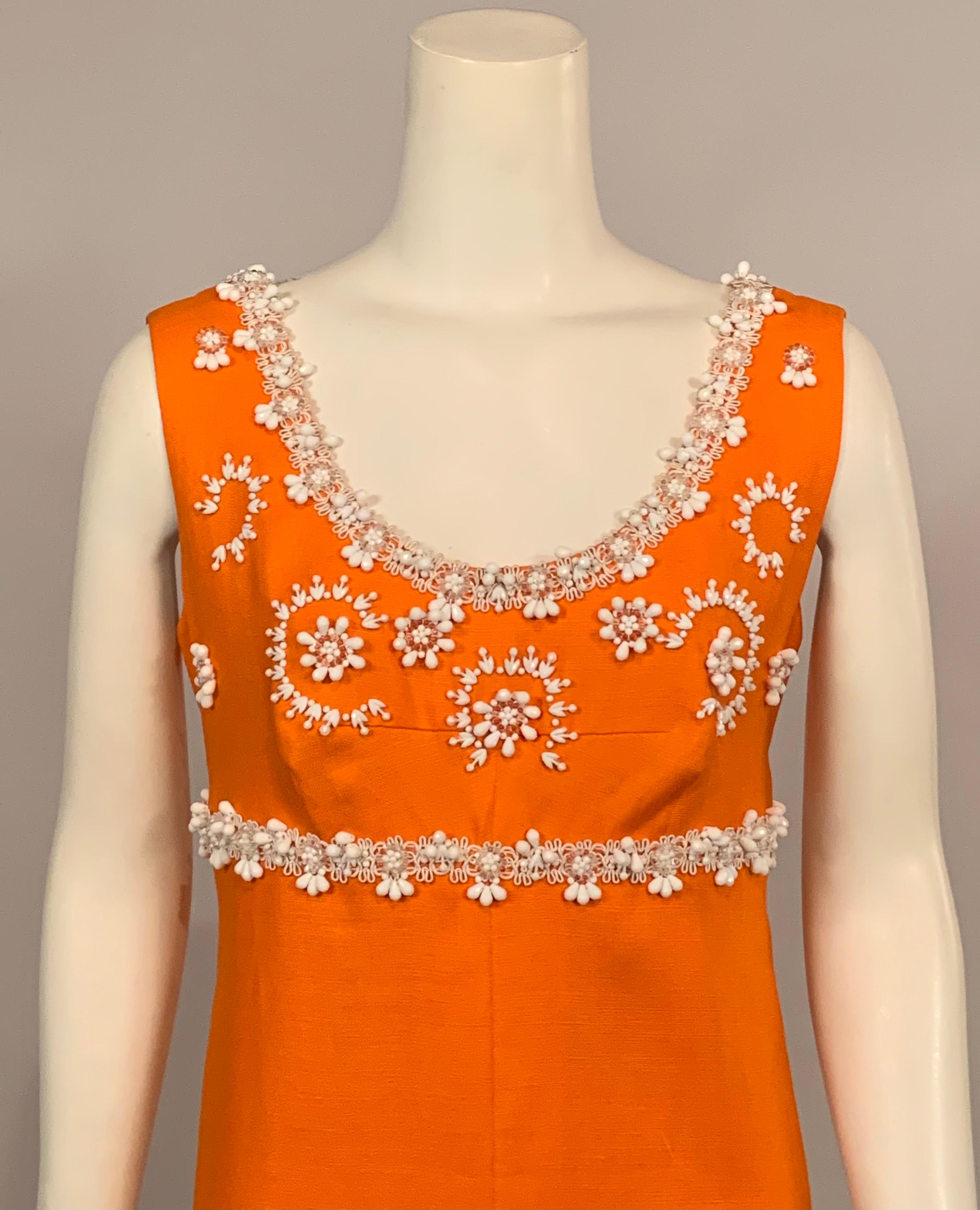 1960's Orange Linen Dress with White Beadwork and Passementerie In Excellent Condition In New Hope, PA