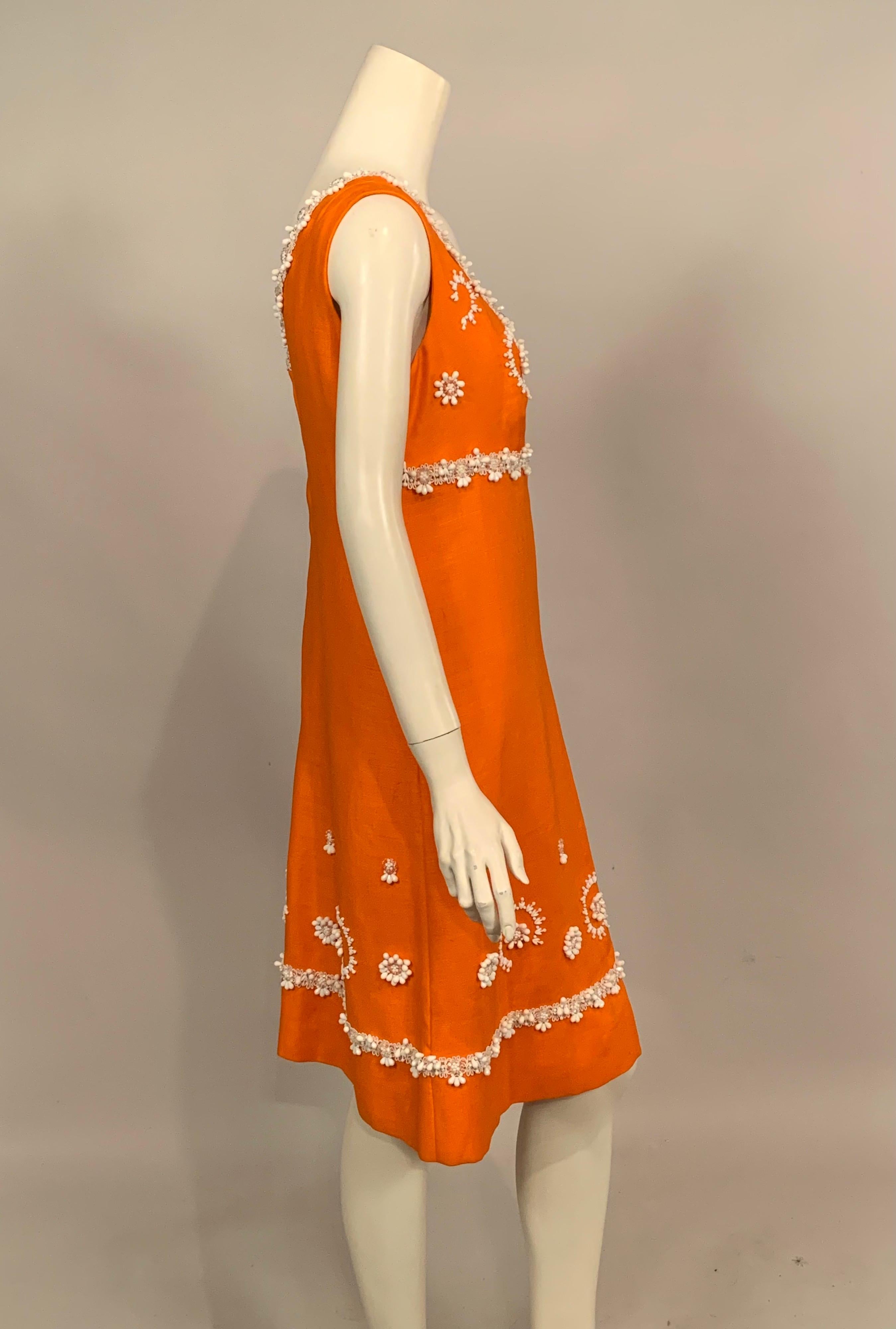 Women's 1960's Orange Linen Dress with White Beadwork and Passementerie