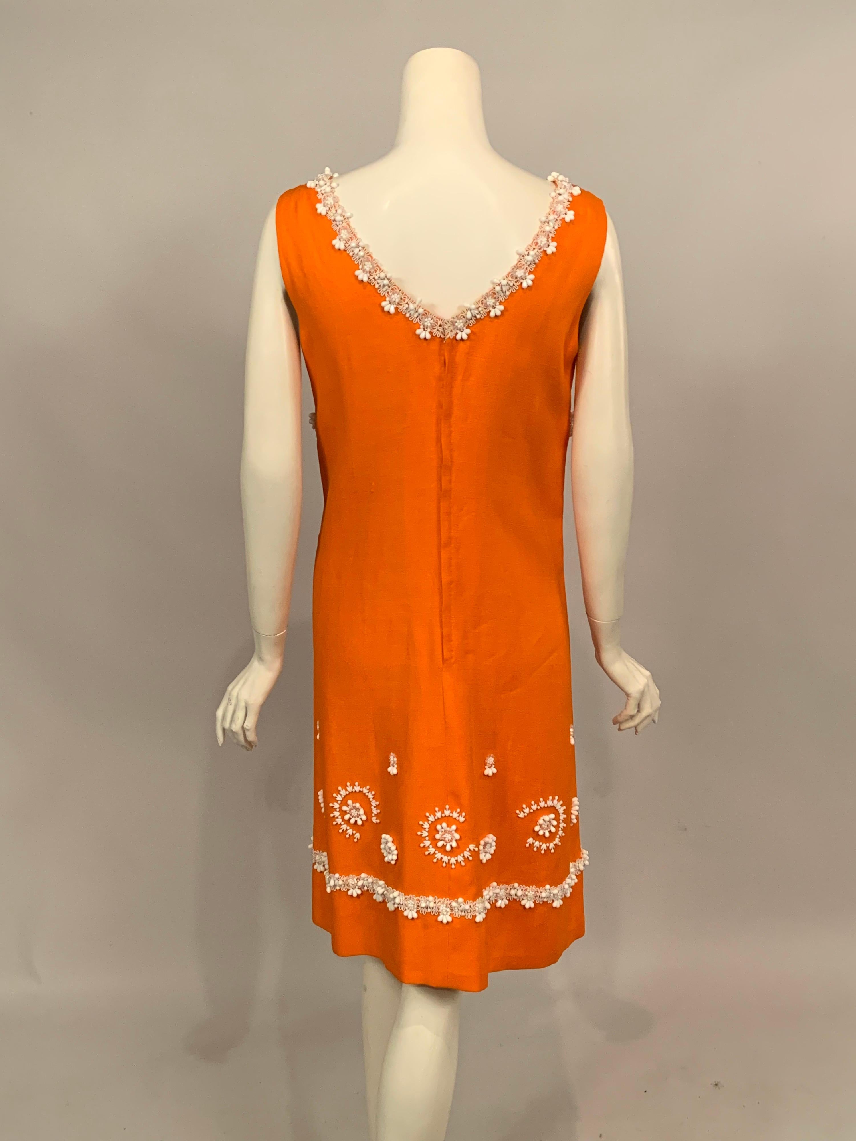 1960's Orange Linen Dress with White Beadwork and Passementerie 2
