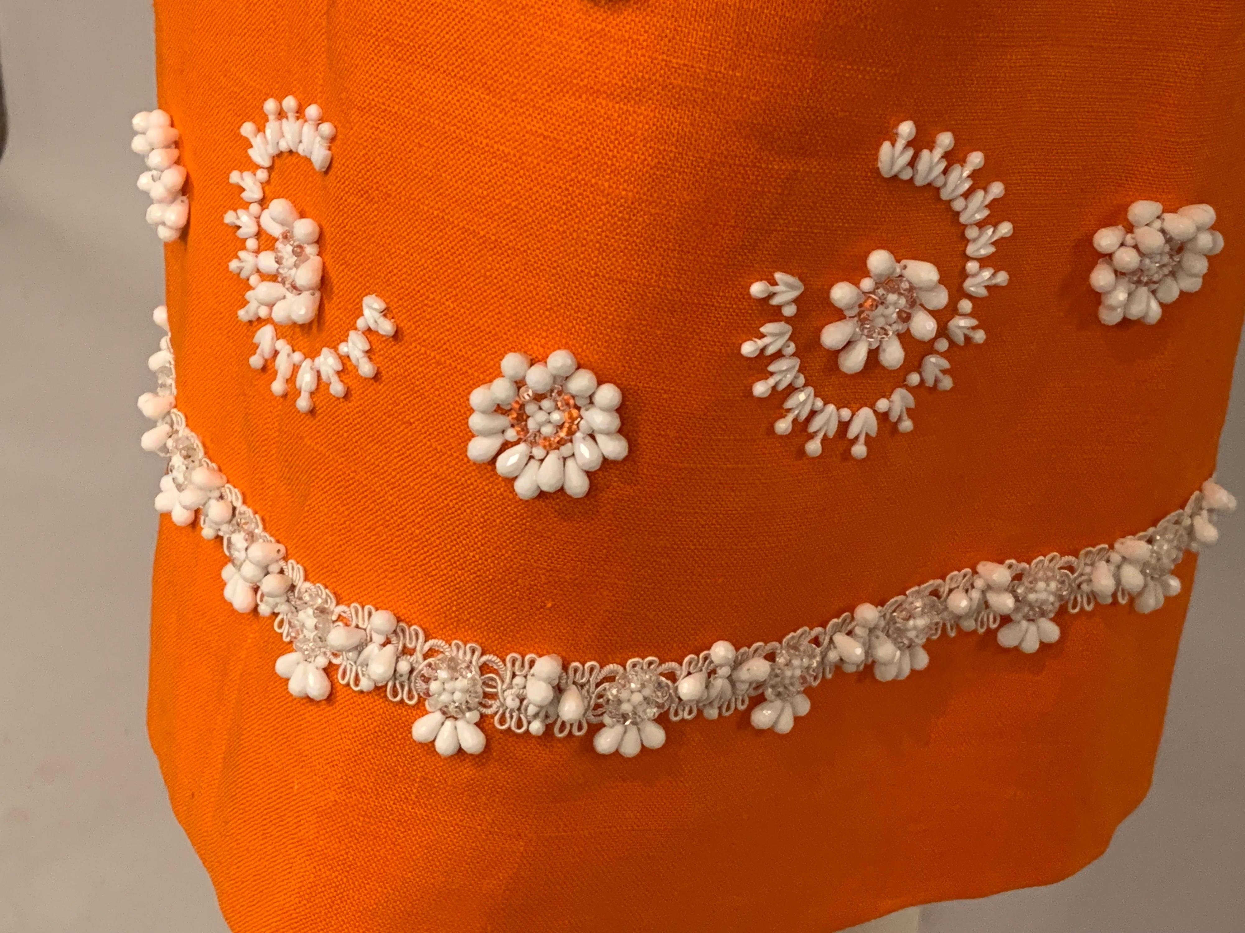 1960's Orange Linen Dress with White Beadwork and Passementerie 3